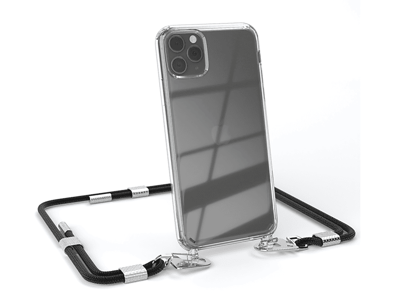 EAZY CASE Transparente Handyhülle mit Karabiner, Schwarz runder Umhängetasche, Silber Apple, + iPhone Max, Pro / Kordel 11