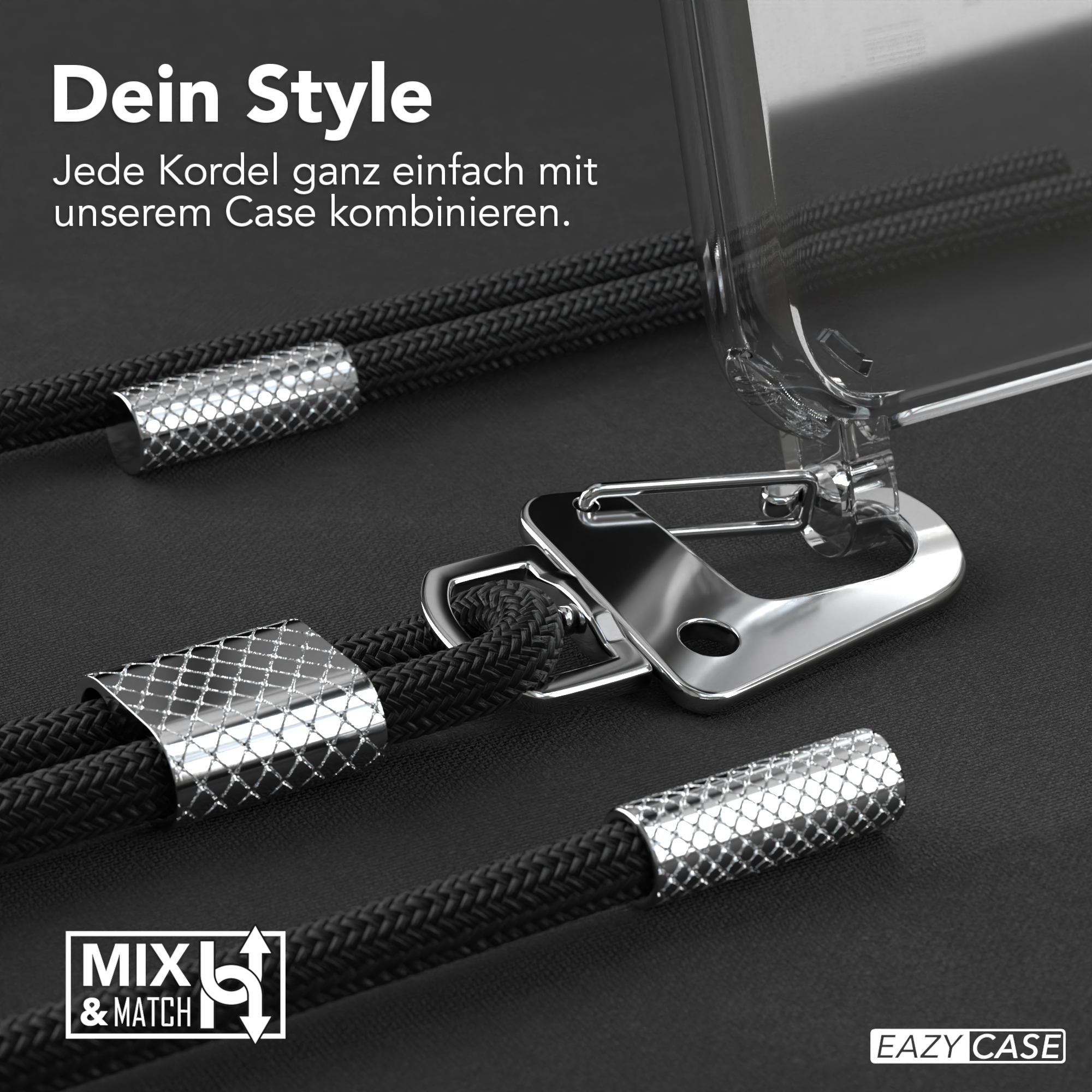 Schwarzes Seil mit silbernen Metallakzenten. Das Seil ist mit einer durchsichtigen Handyhülle verbunden.