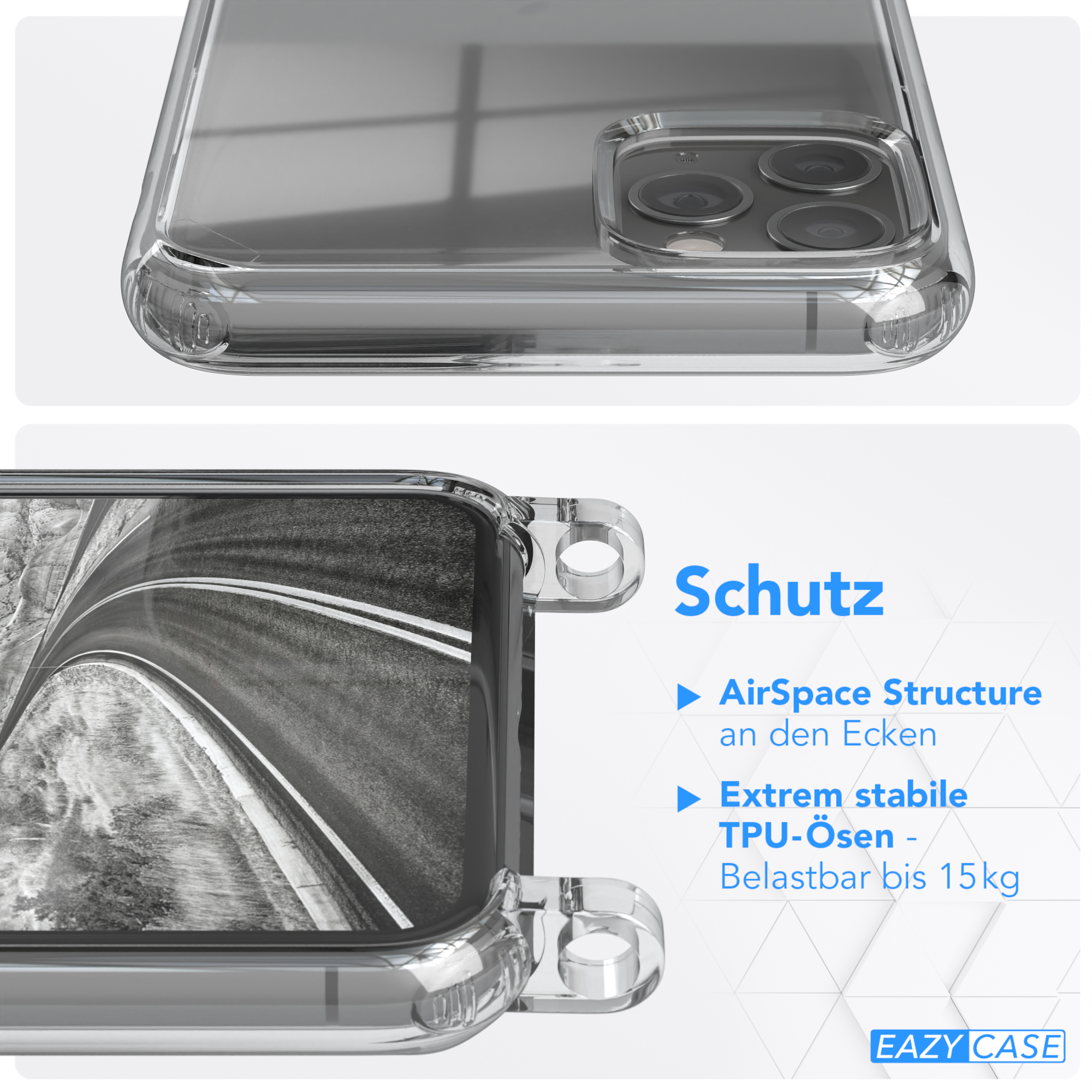 Transparente Handyhülle mit transparentem Design. Text mit den Merkmalen der Hülle ist sichtbar.