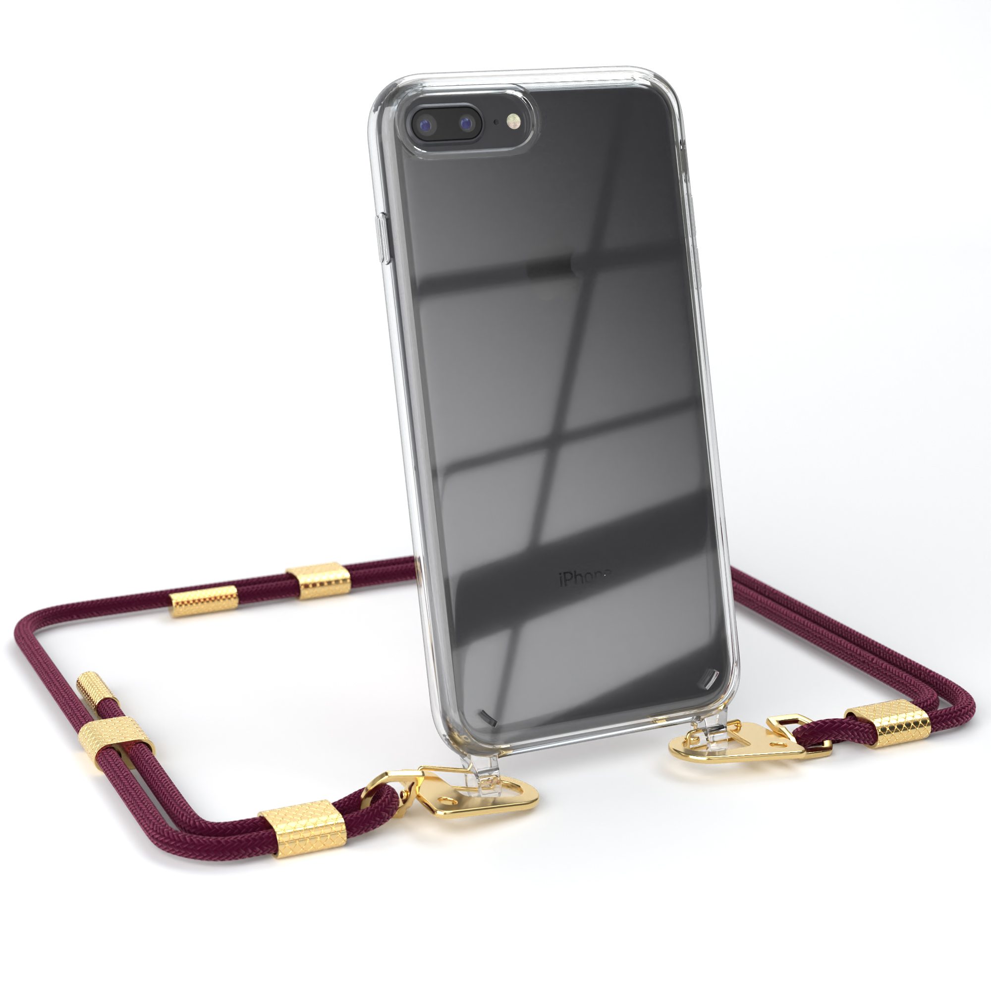 iPhone in einer transparenten Hülle mit einem bordeauxroten Kordelriemen.
