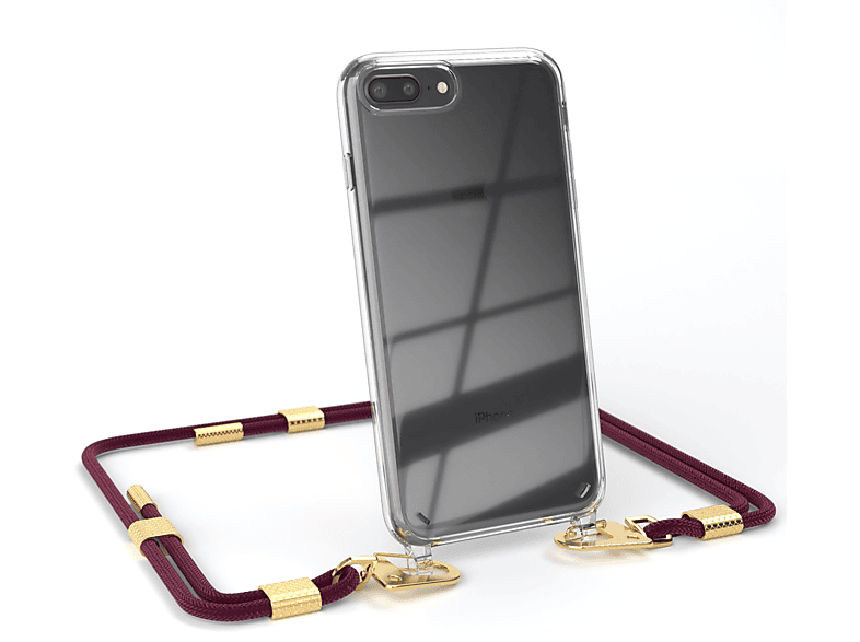 EAZY CASE Transparente Handyhülle mit runder Kordel + Karabiner, Umhängetasche, Apple, iPhone 8 Plus / 7 Plus, Bordeaux / Gold