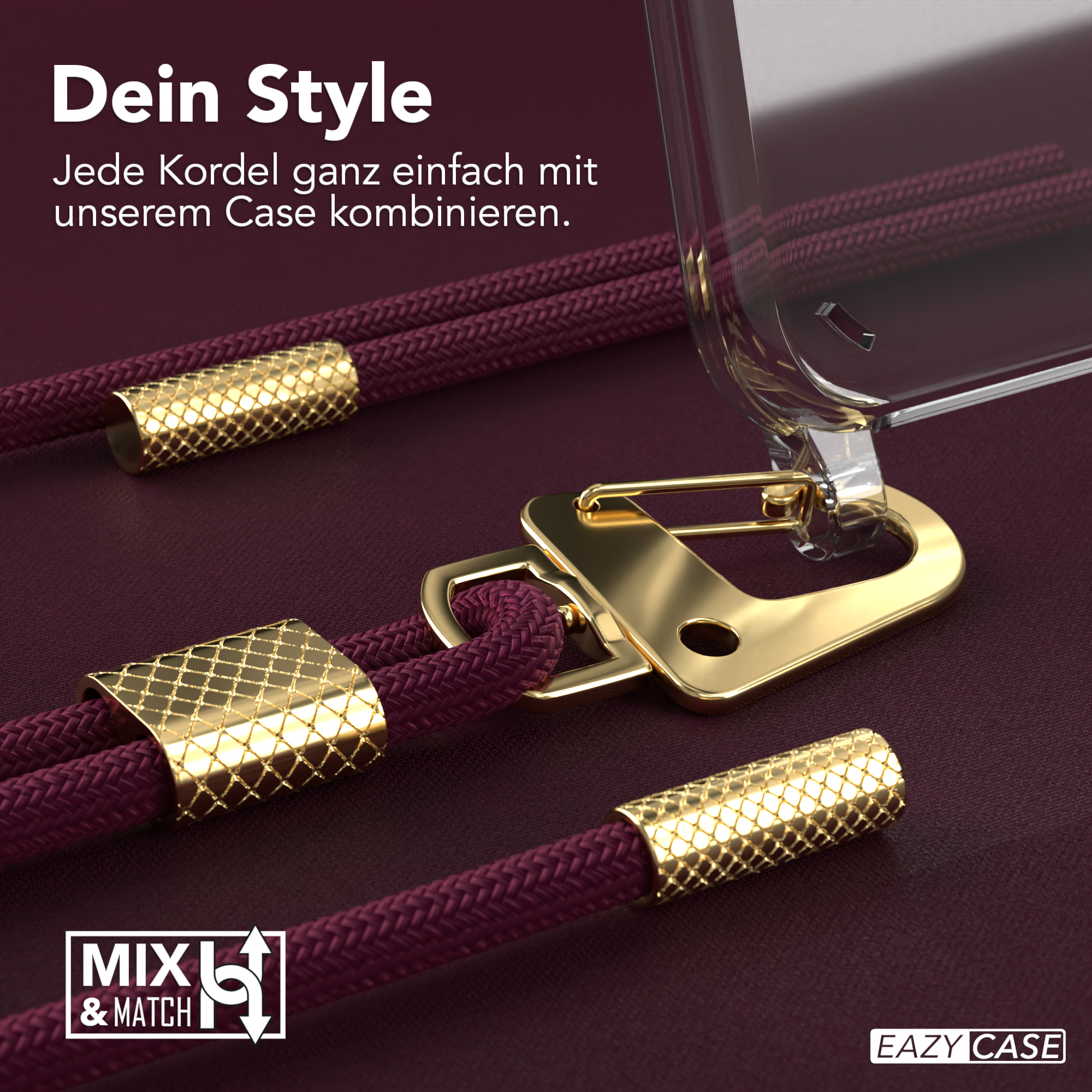Nahaufnahme von Telefon-Lanyard-Zubehör mit deutschem Text.