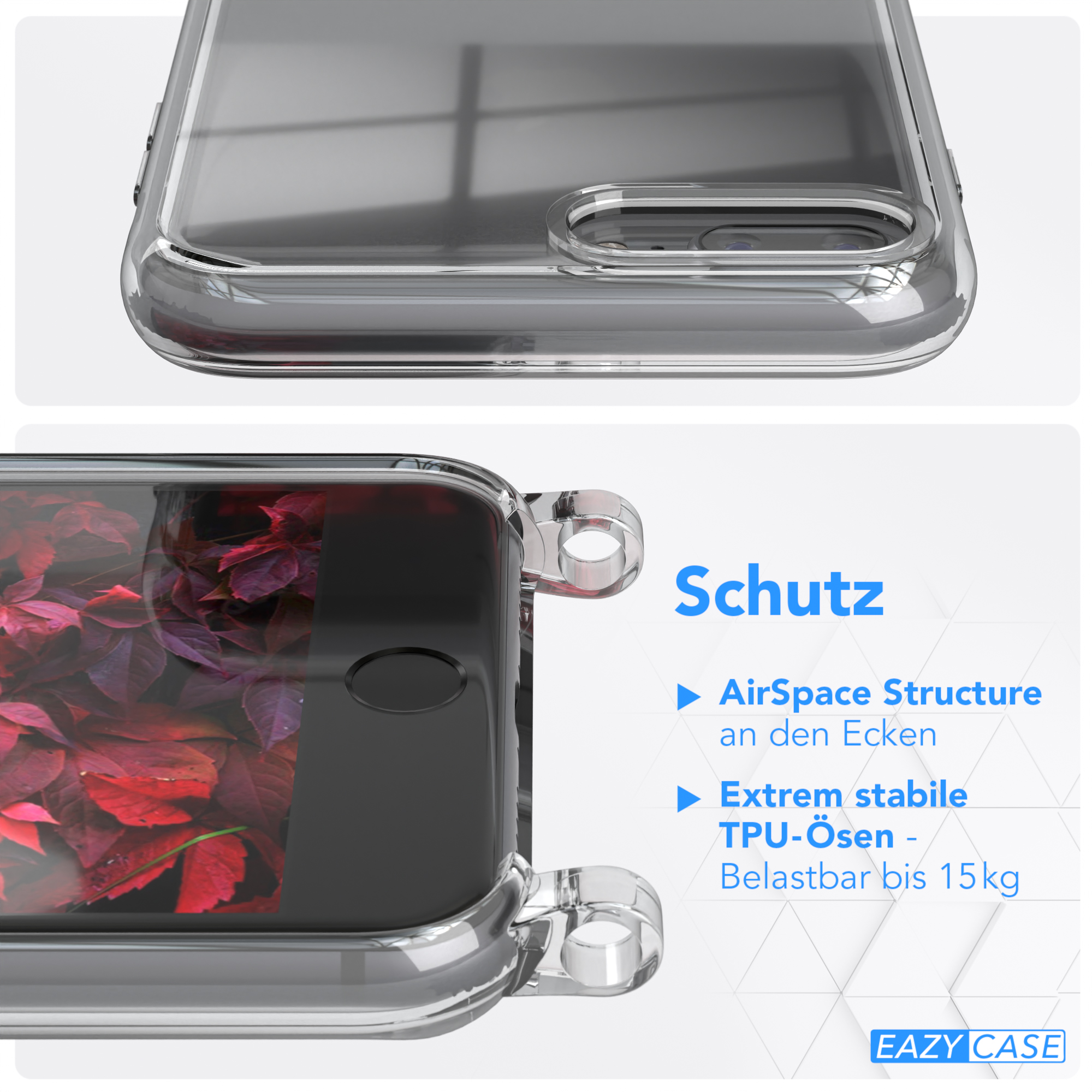 Transparente Handyhülle mit Text über Schutzfunktionen, über einem roten Blätterhintergrund.