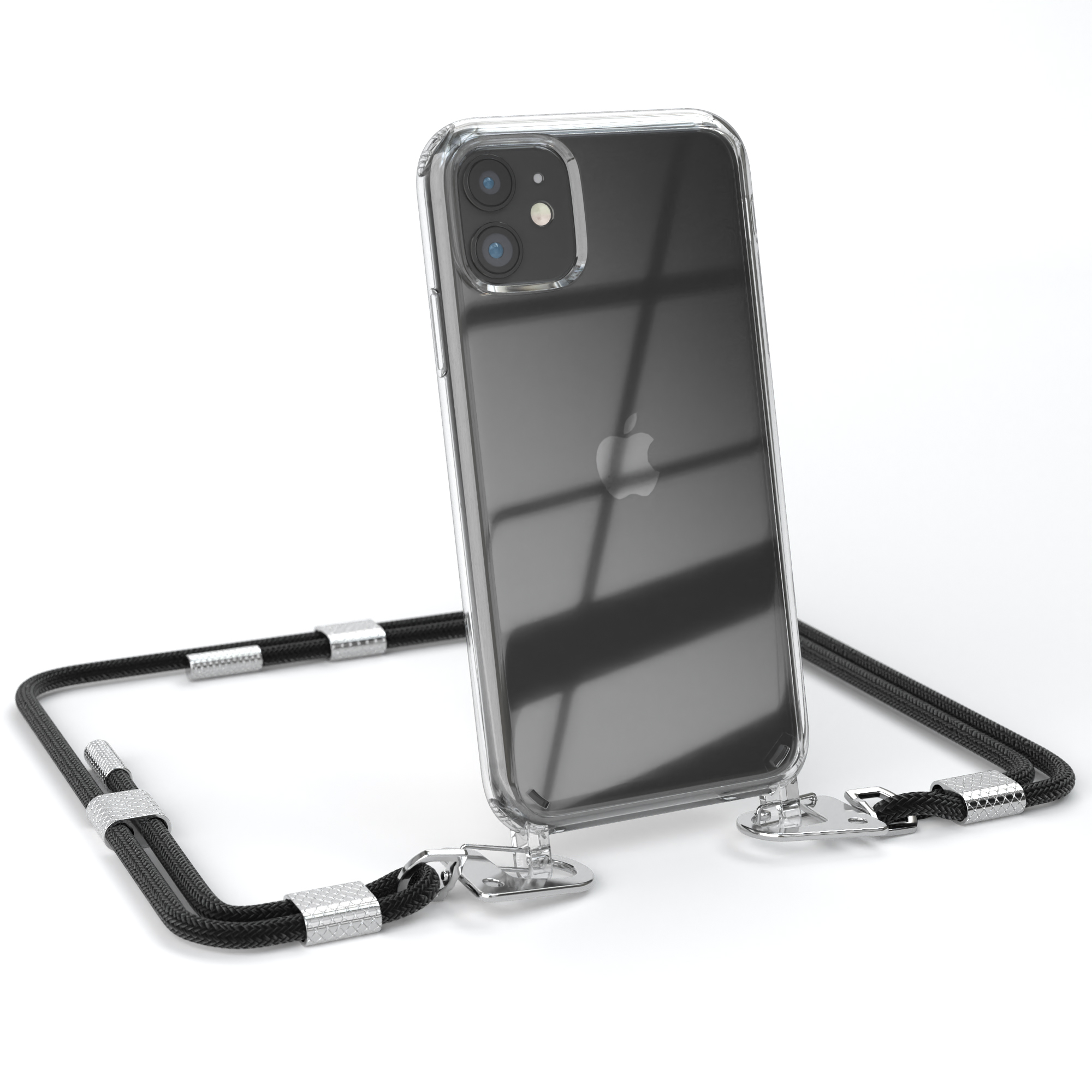 Klares Telefon mit schwarzem Band. Das Telefon lehnt an etwas.