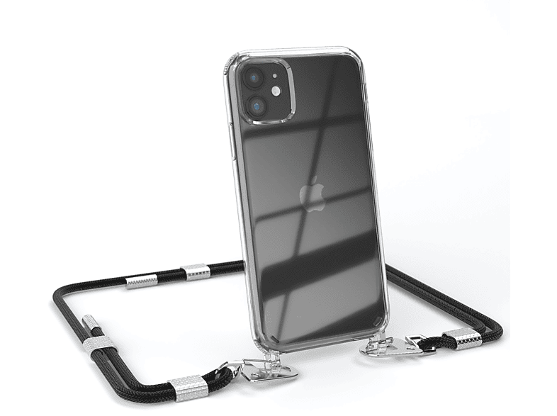 EAZY CASE Transparente Handyhülle mit runder Kordel + Karabiner, Umhängetasche, Apple, iPhone 11, Schwarz / Silber