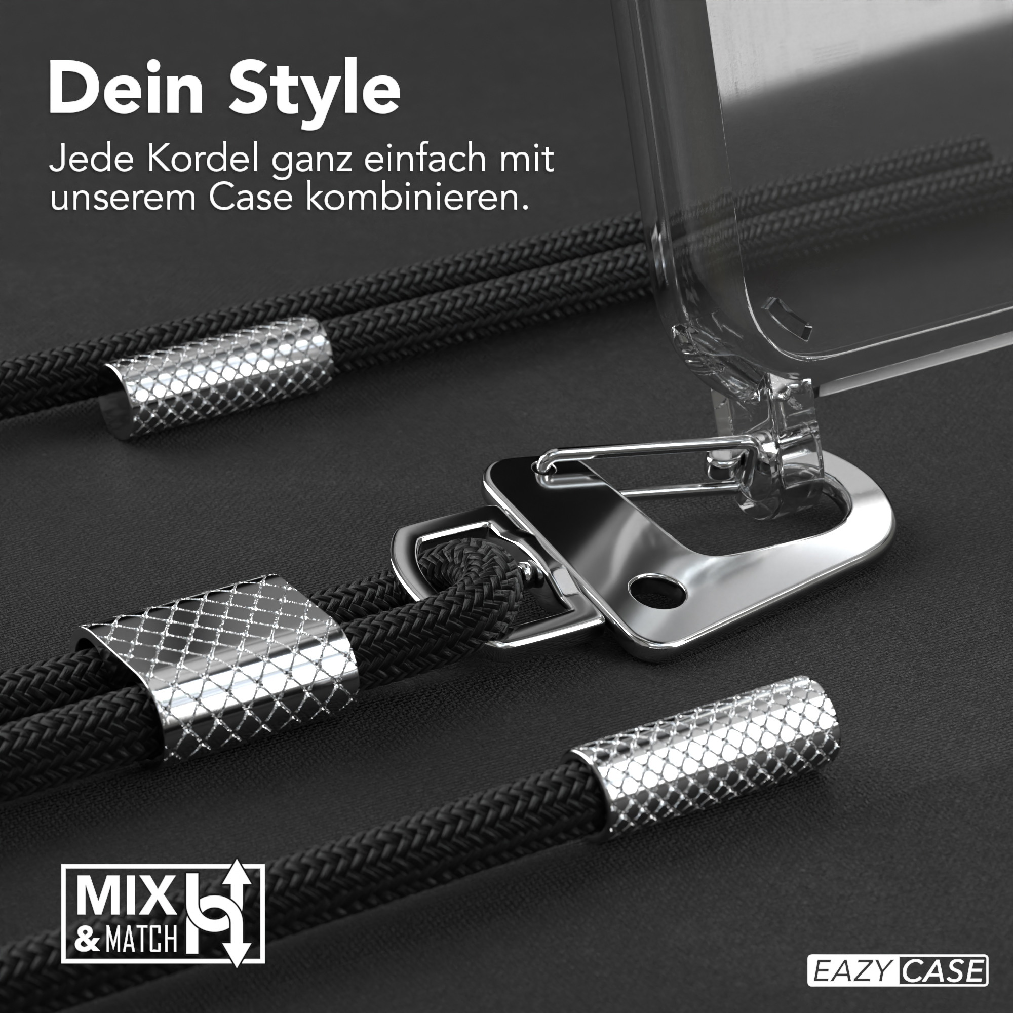 Nahaufnahme von schwarzem Telefonkabel, silbernen Elementen. Text 'Dein Style' und 'EAZY CASE' sind zu sehen.