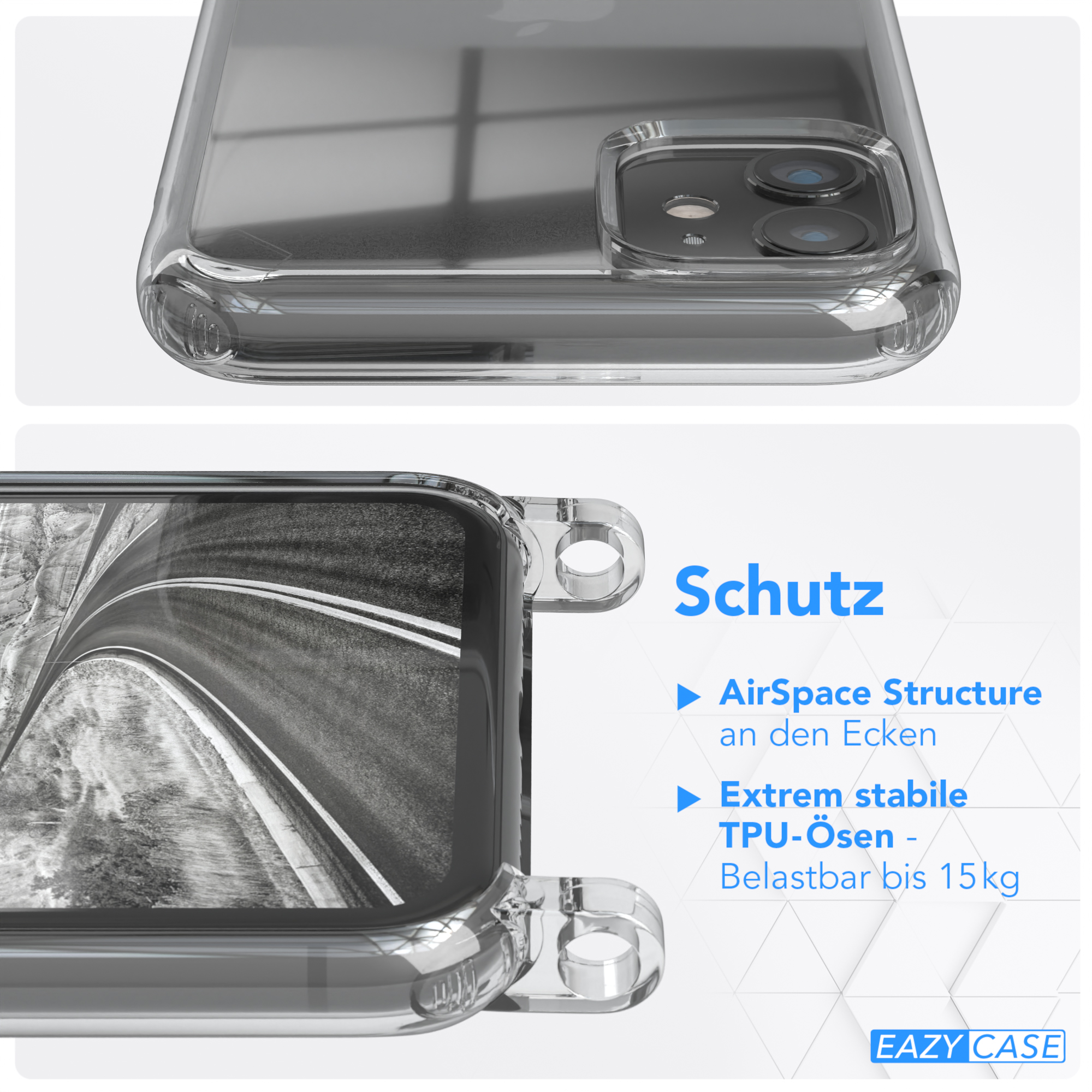 Nahaufnahme einer Handyhülle mit Autobahnbild und Text: AirSpace Structure und TPU.