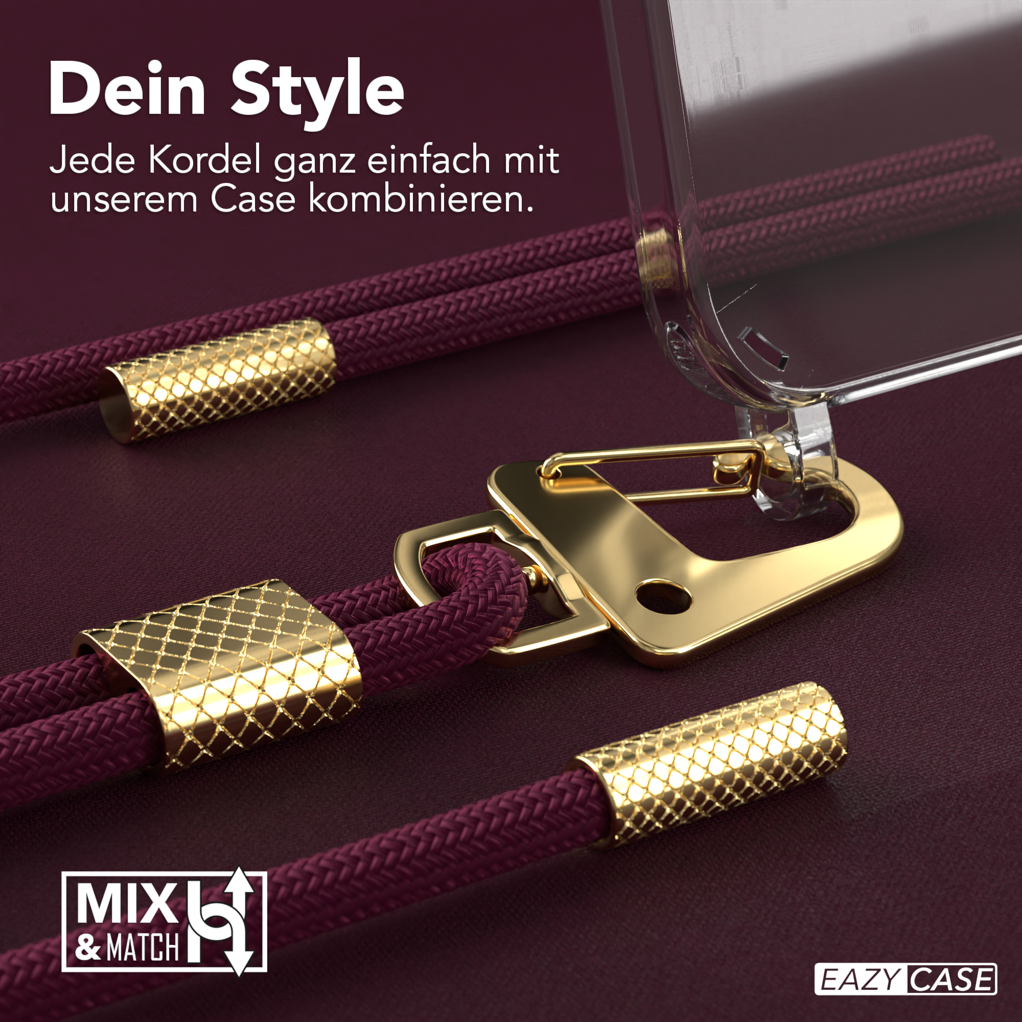Nahaufnahme von Telefon-Lanyard-Zubehör mit deutschem Text.