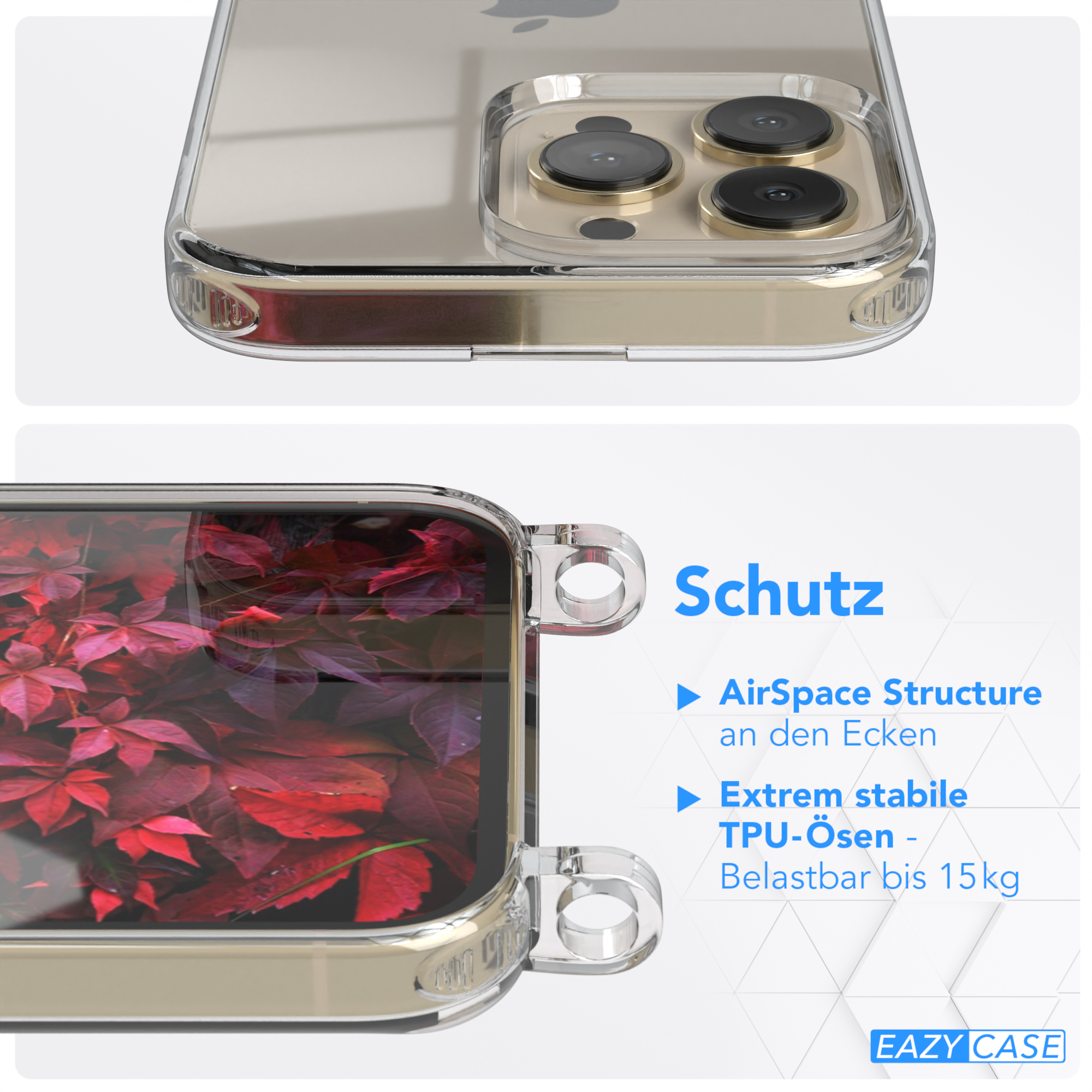 Transparente Handyhülle mit klarem Design. Die Hülle zeigt ein Telefon mit goldenen Kameras.