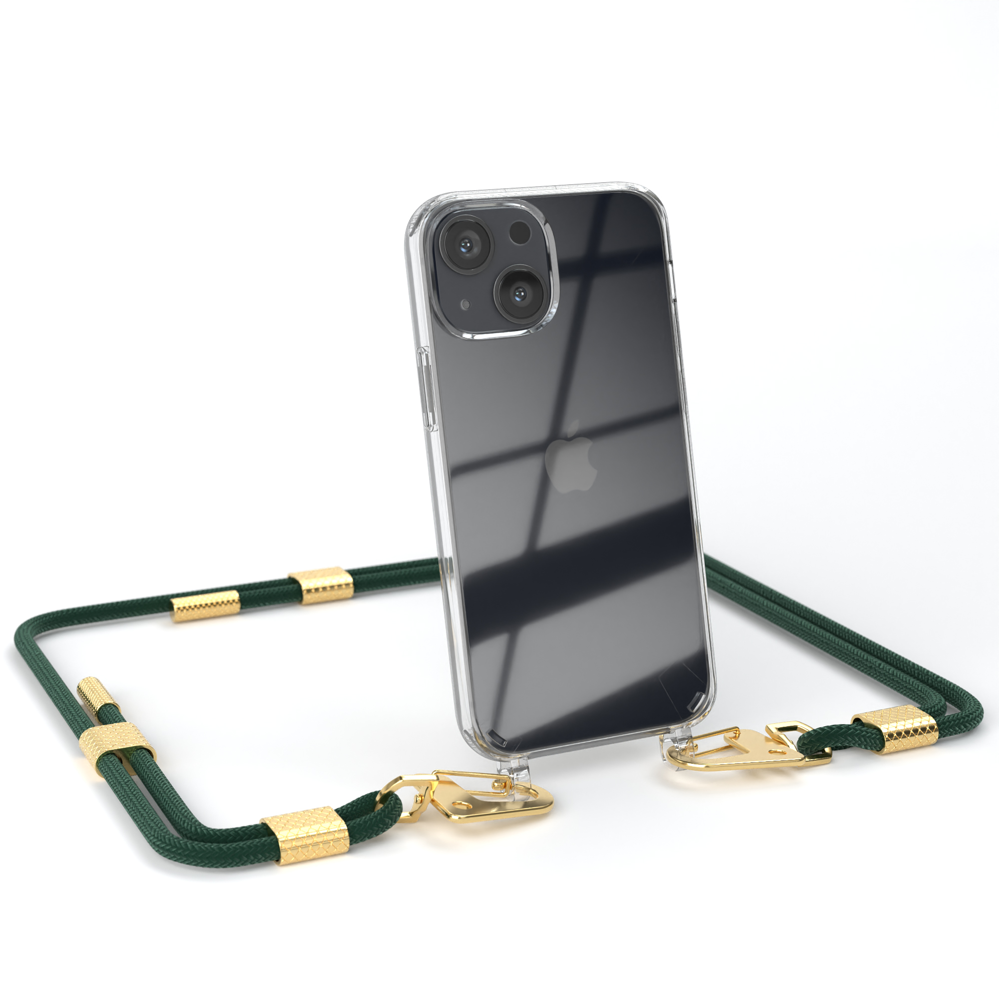 Transparente Handyhülle mit goldenen Details und dunkelgrüner Kordel. Das Telefon hat drei Kameras.