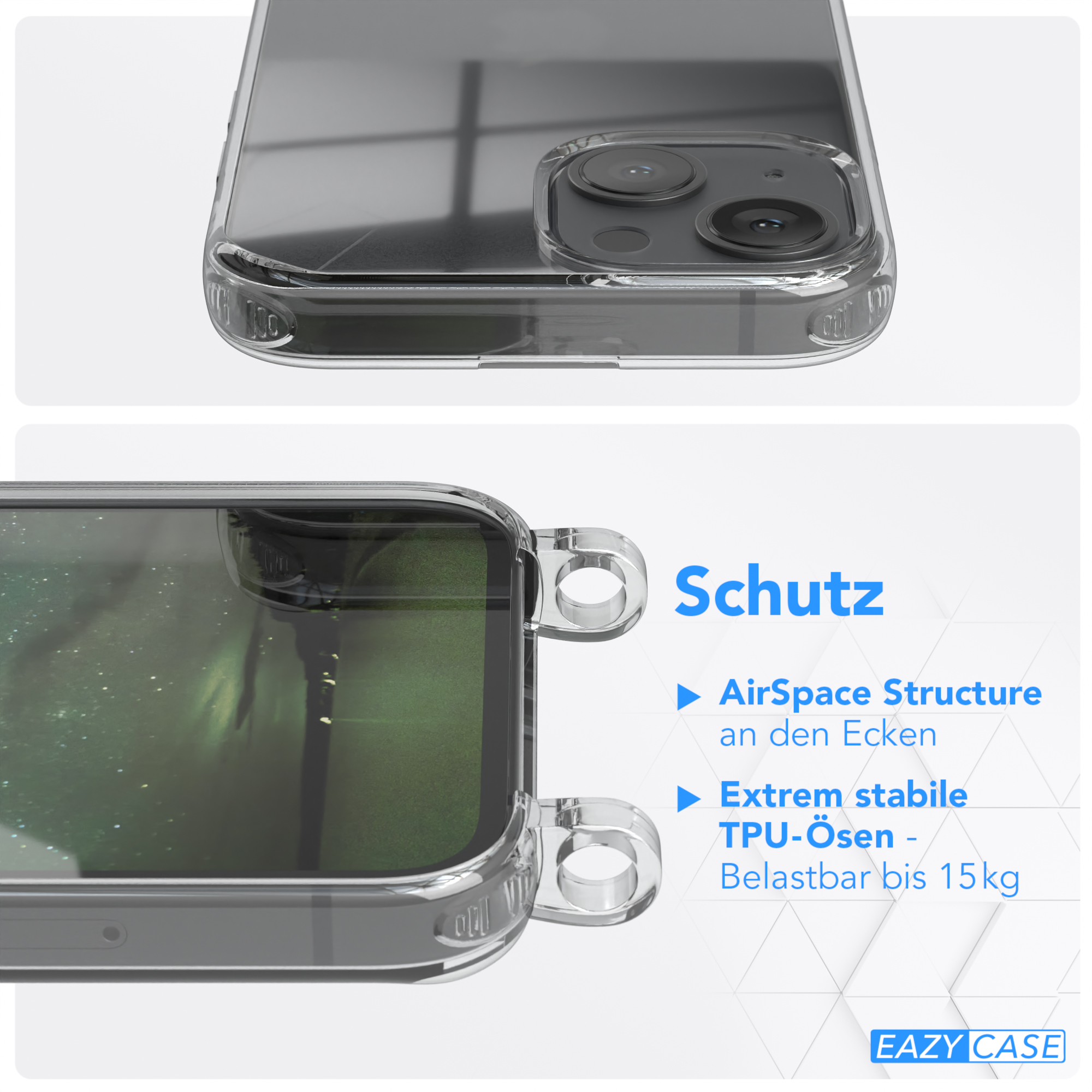 Transparente Handyhülle mit Text 'Schutz' und 'AirSpace Structure'. Details der Hülle.