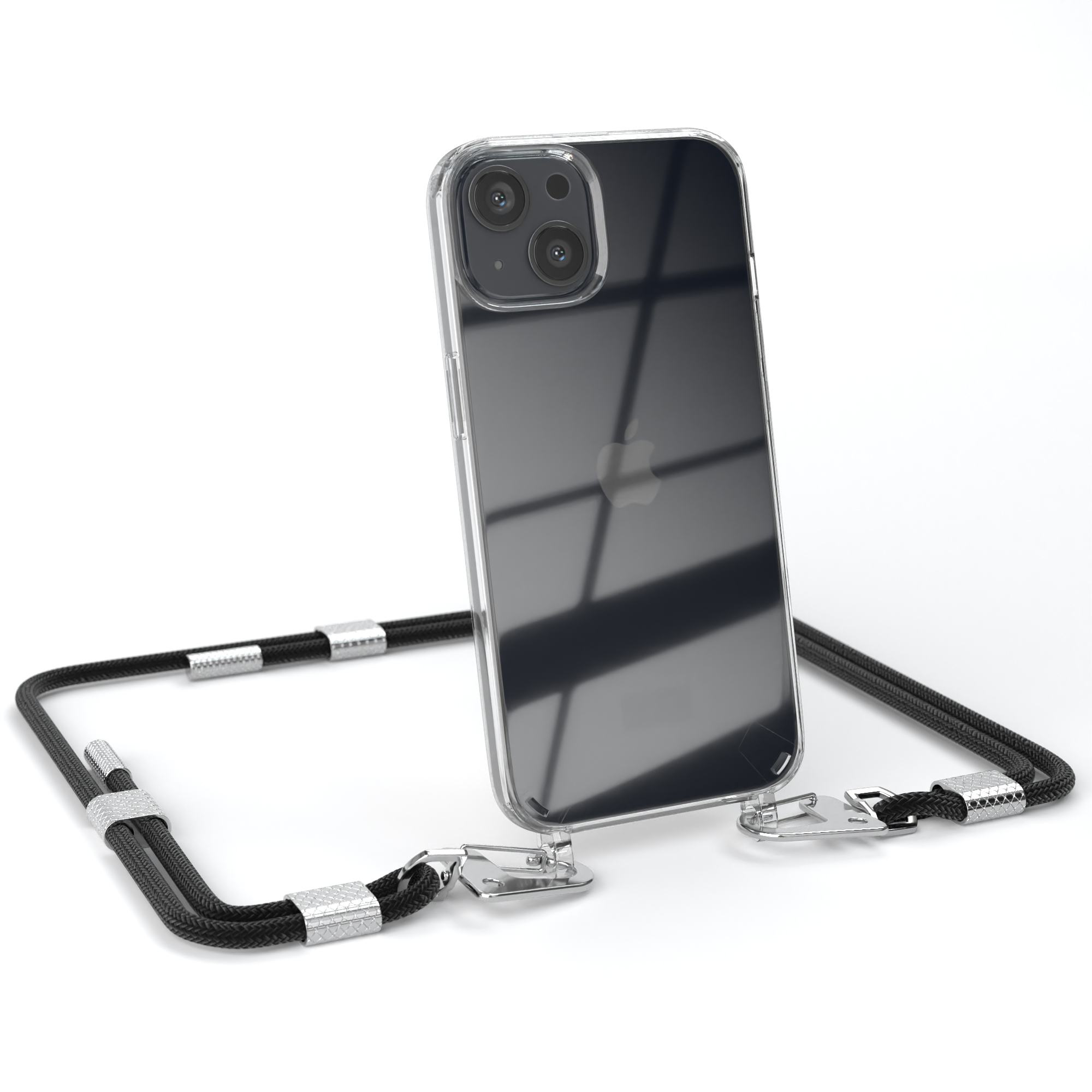 Apple, EAZY Kordel / Karabiner, runder mit Umhängetasche, Schwarz 13, CASE Silber iPhone Transparente + Handyhülle