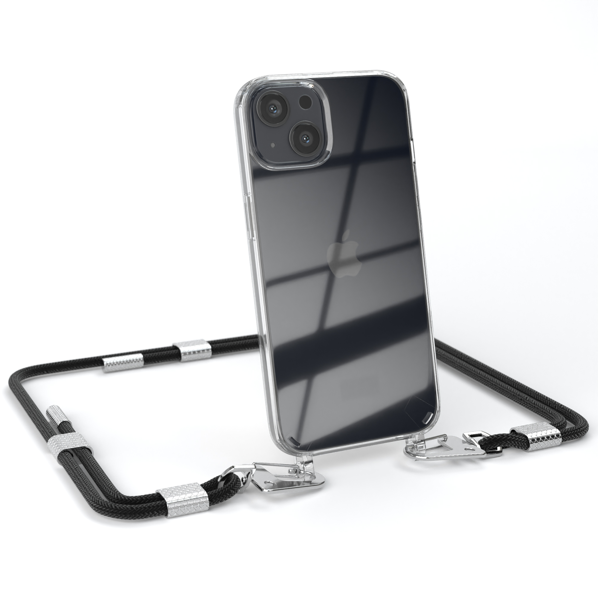Schwarzes Telefon mit klarer Hülle. Das Telefon ist an einem schwarzen und silbernen Lanyard befestigt.