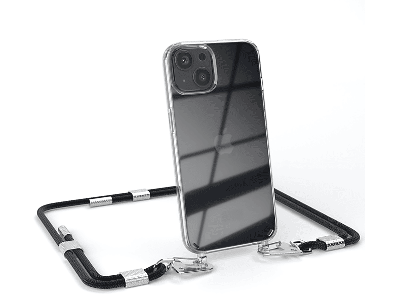 EAZY CASE Transparente Handyhülle mit runder Kordel + Karabiner, Umhängetasche, Apple, iPhone 13, Schwarz / Silber
