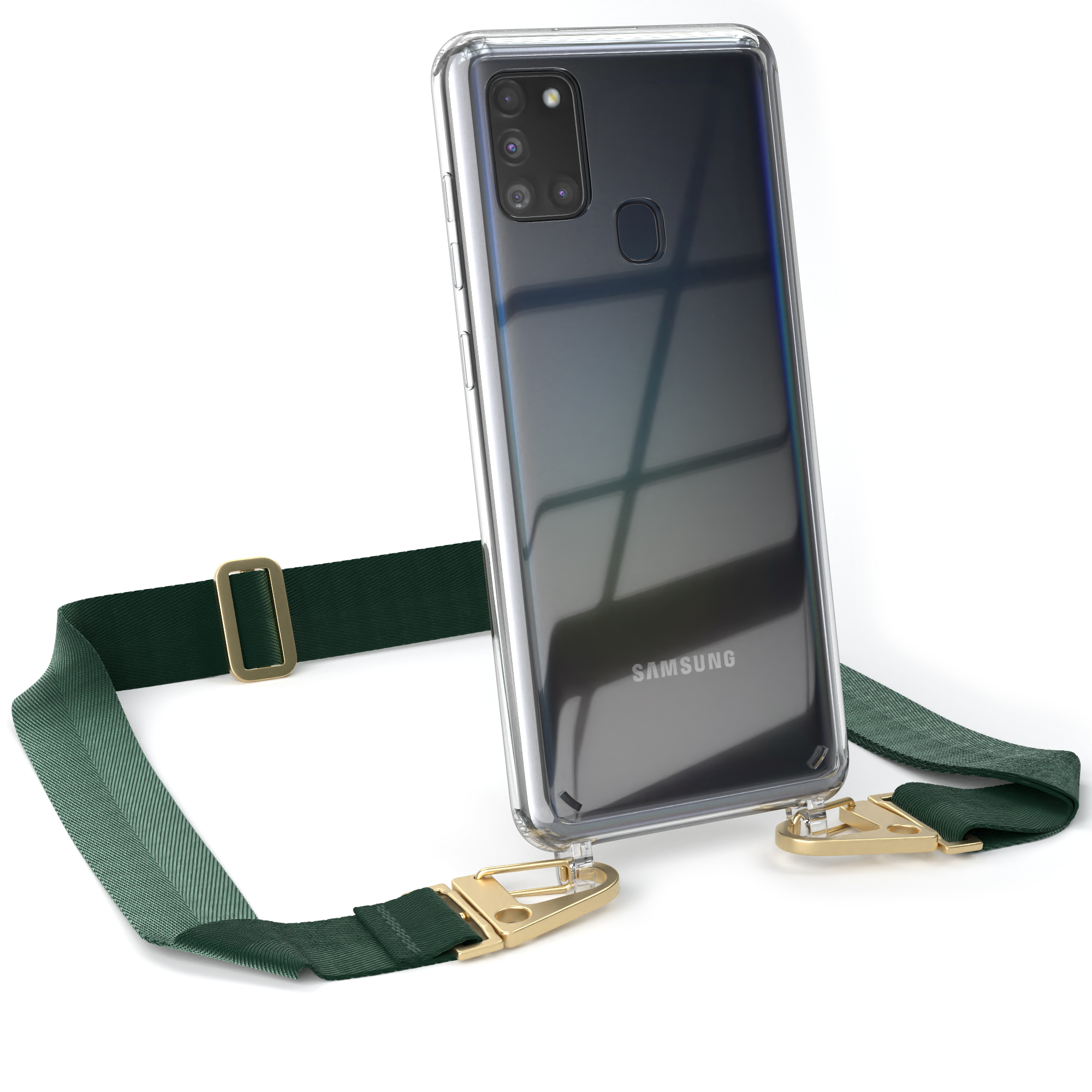 EAZY CASE Transparente Handyhülle mit Karabiner, Galaxy / Samsung, A21s, Gold breiter Kordel Grün Umhängetasche, Dunkel 
