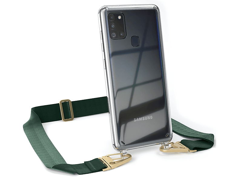 EAZY CASE Transparente Handyhülle mit Karabiner, Galaxy / Samsung, A21s, Gold breiter Kordel Grün Umhängetasche, Dunkel 