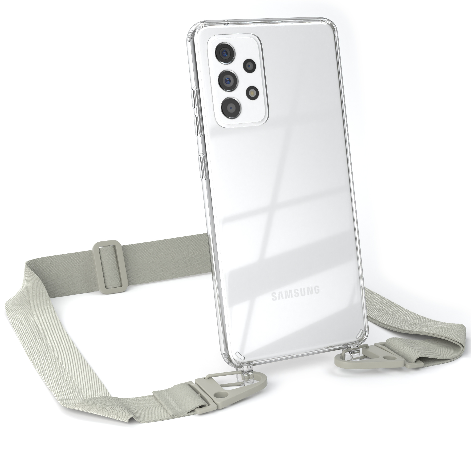 Telefon mit grauem Kabel. Das Telefon ist in einer transparenten Hülle.