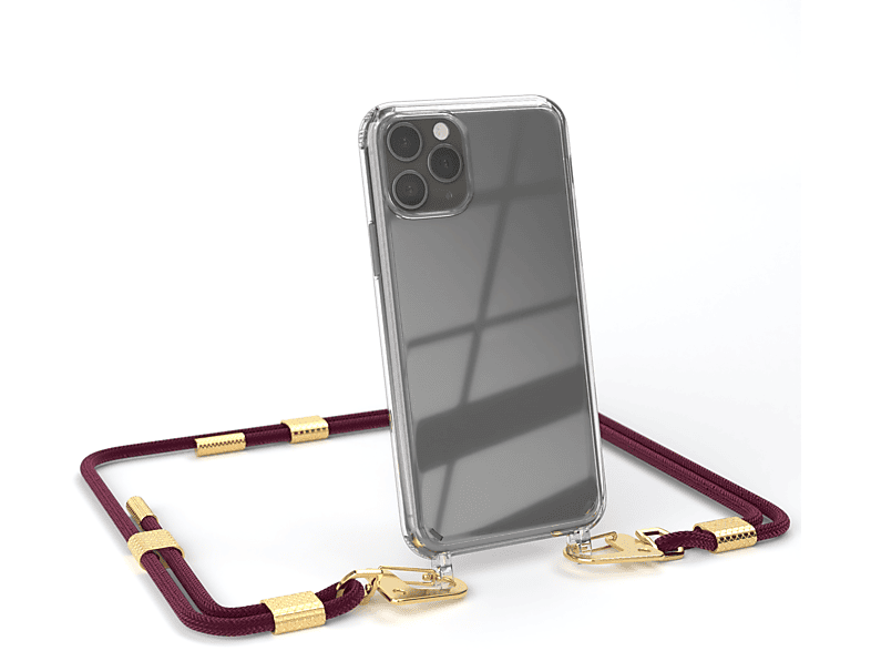 EAZY CASE Transparente Handyhülle mit runder Kordel + Karabiner, Umhängetasche, Apple, iPhone 11 Pro, Bordeaux / Gold