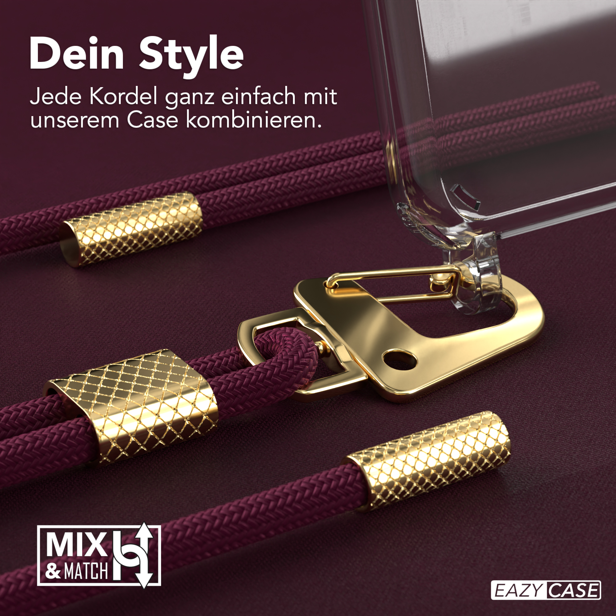 Nahaufnahme von weinroter Handyhüllen-Kordel und Verschluss. Goldene Details. Dunkler Hintergrund.