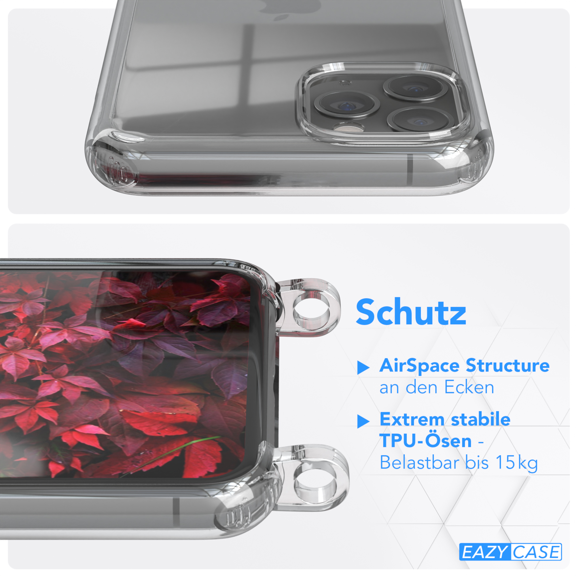 Nahaufnahme der Handyhülle. Text: Schutz, AirSpace Structure, Extrem stabile TPU-Ösen. Rote Blätter im Hintergrund.
