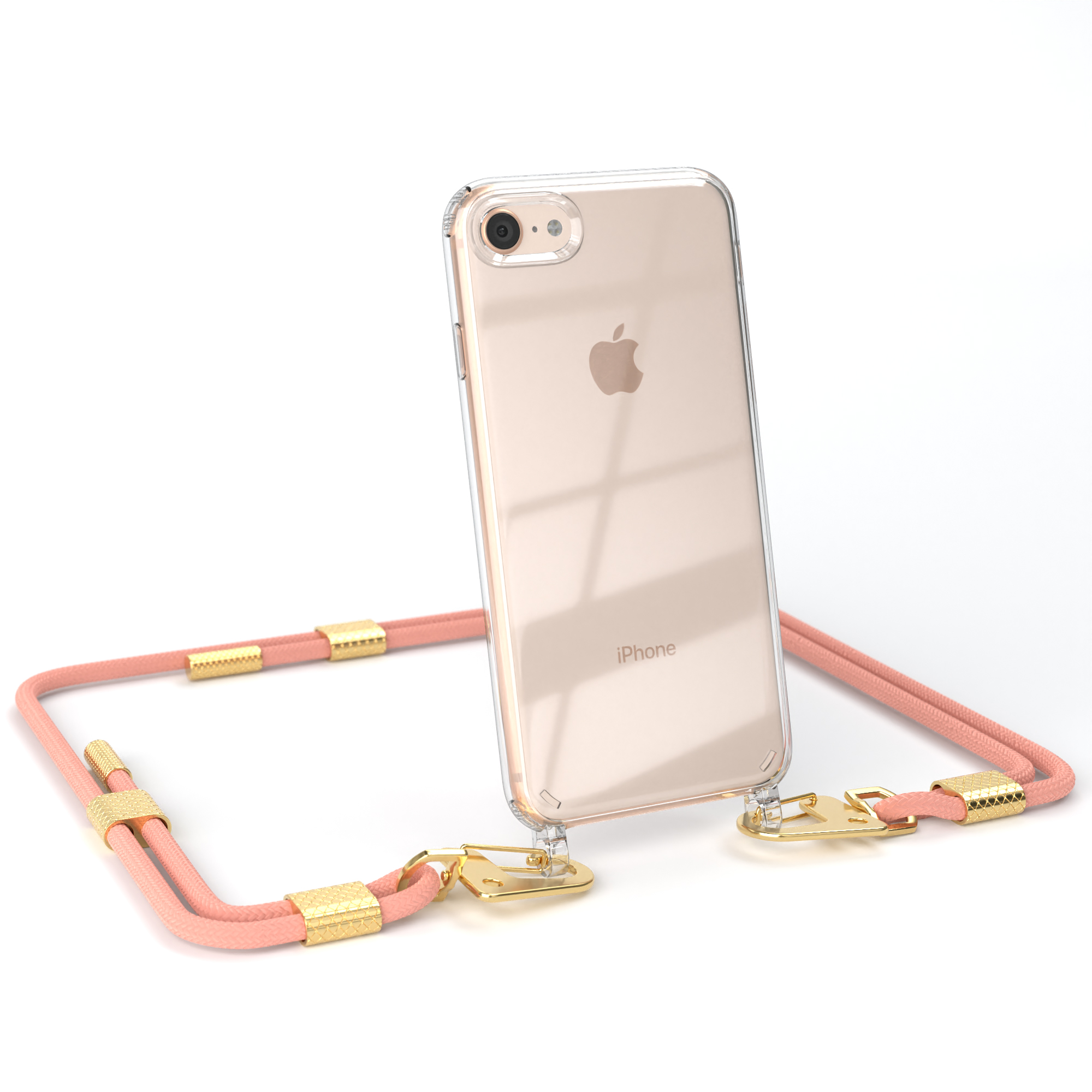 iPhone in klarer Hülle mit rosa Umhängeband. Goldakzente am Umhängeband. Telefon ist nach rechts abgewinkelt.