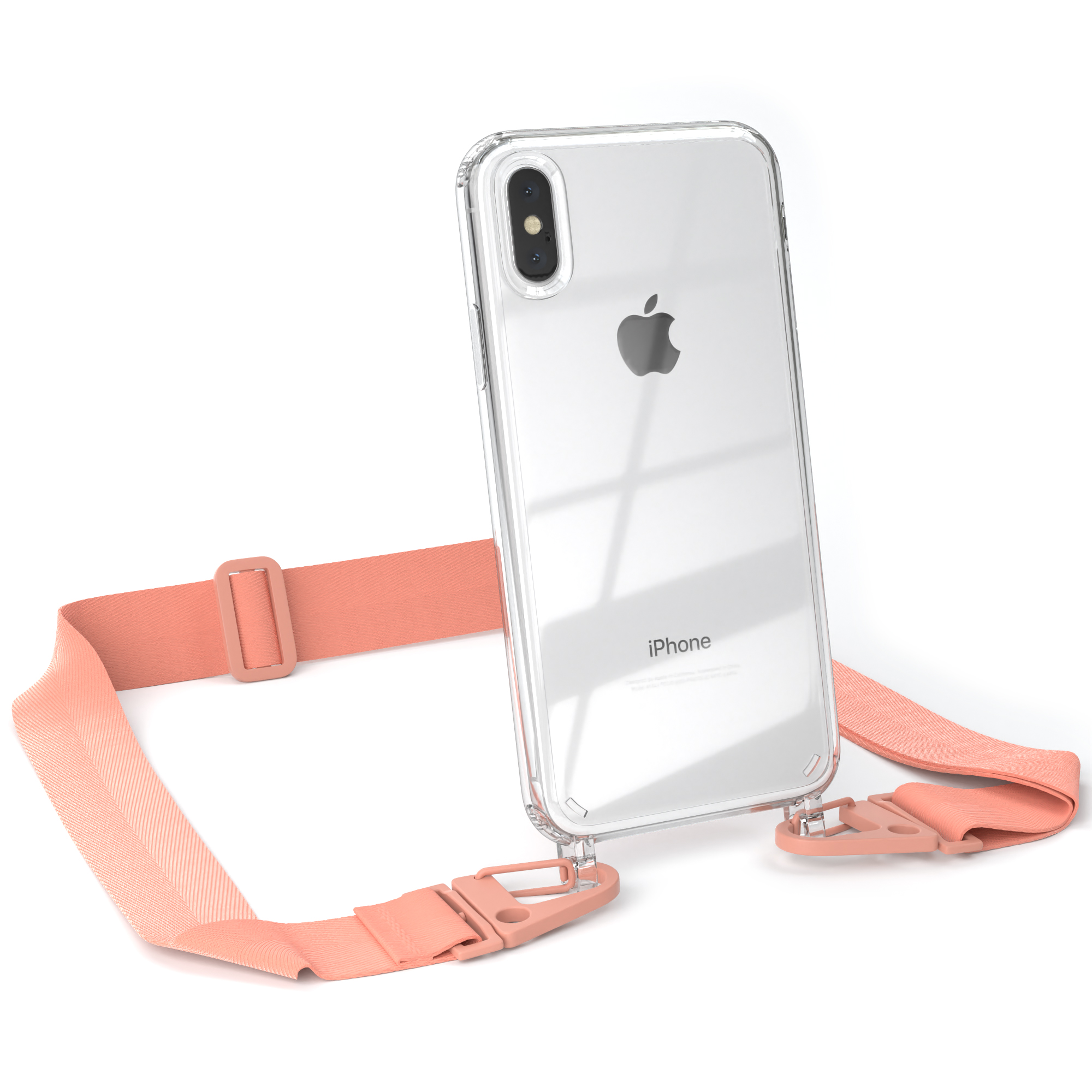 Transparente iPhone-Hülle mit pinkfarbenem Riemen. Der Riemen ist an der Hülle befestigt.