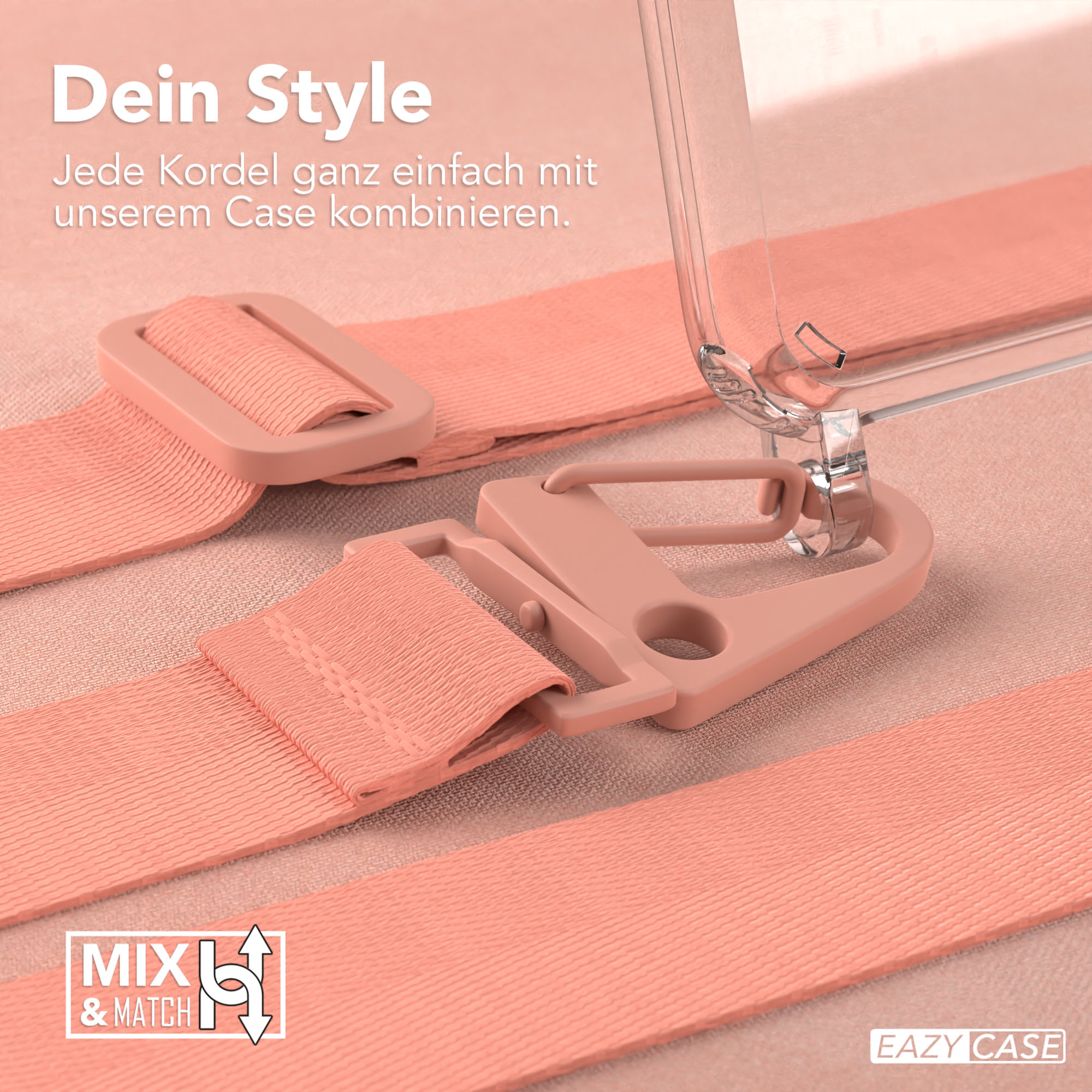 Rosa Telefonband und Schnalle, mit Text: 'Mix & Match' und 'Eazy Case'.