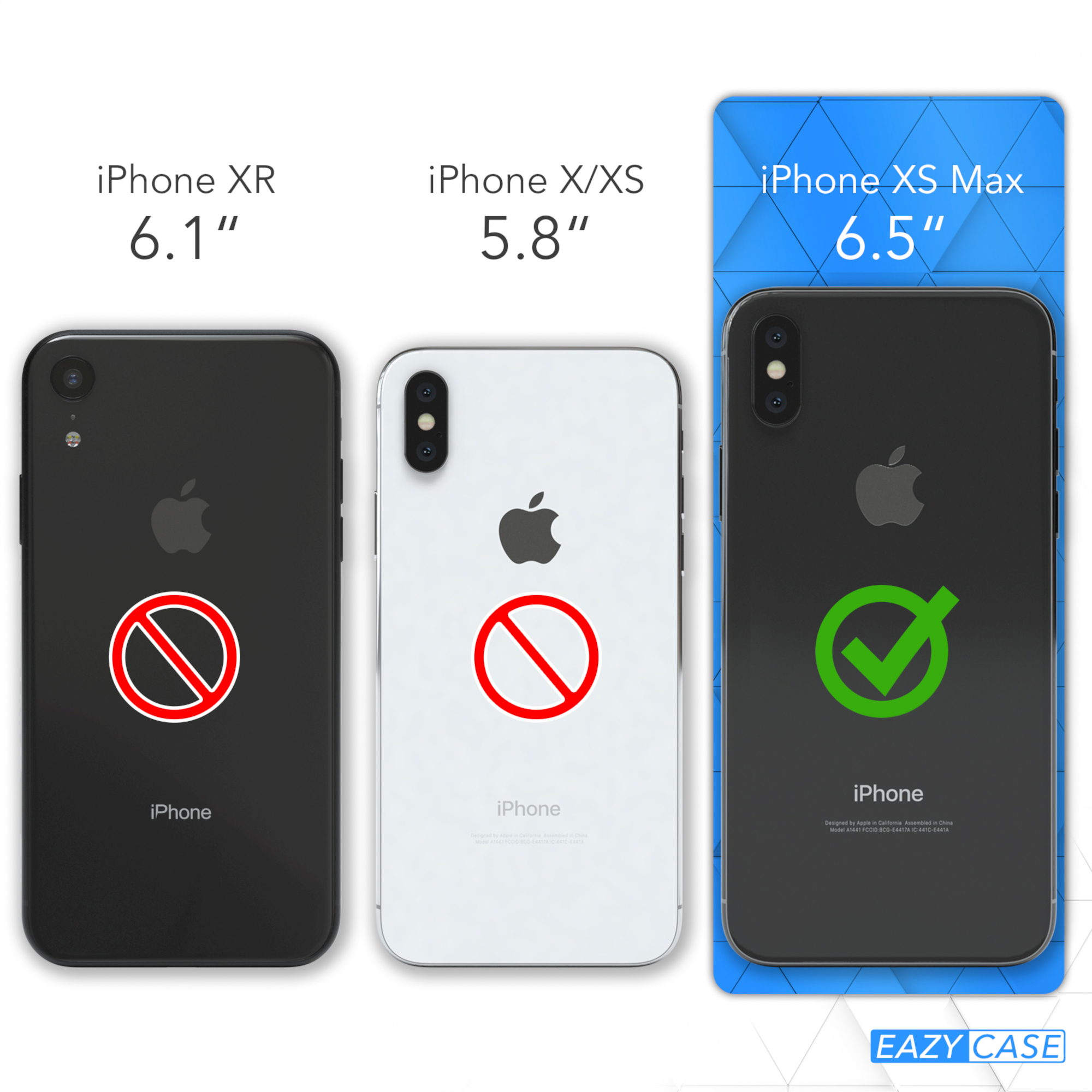 Vergleich der iPhone XR, X/XS und XS Max Größen, mit Häkchen beim XS Max.