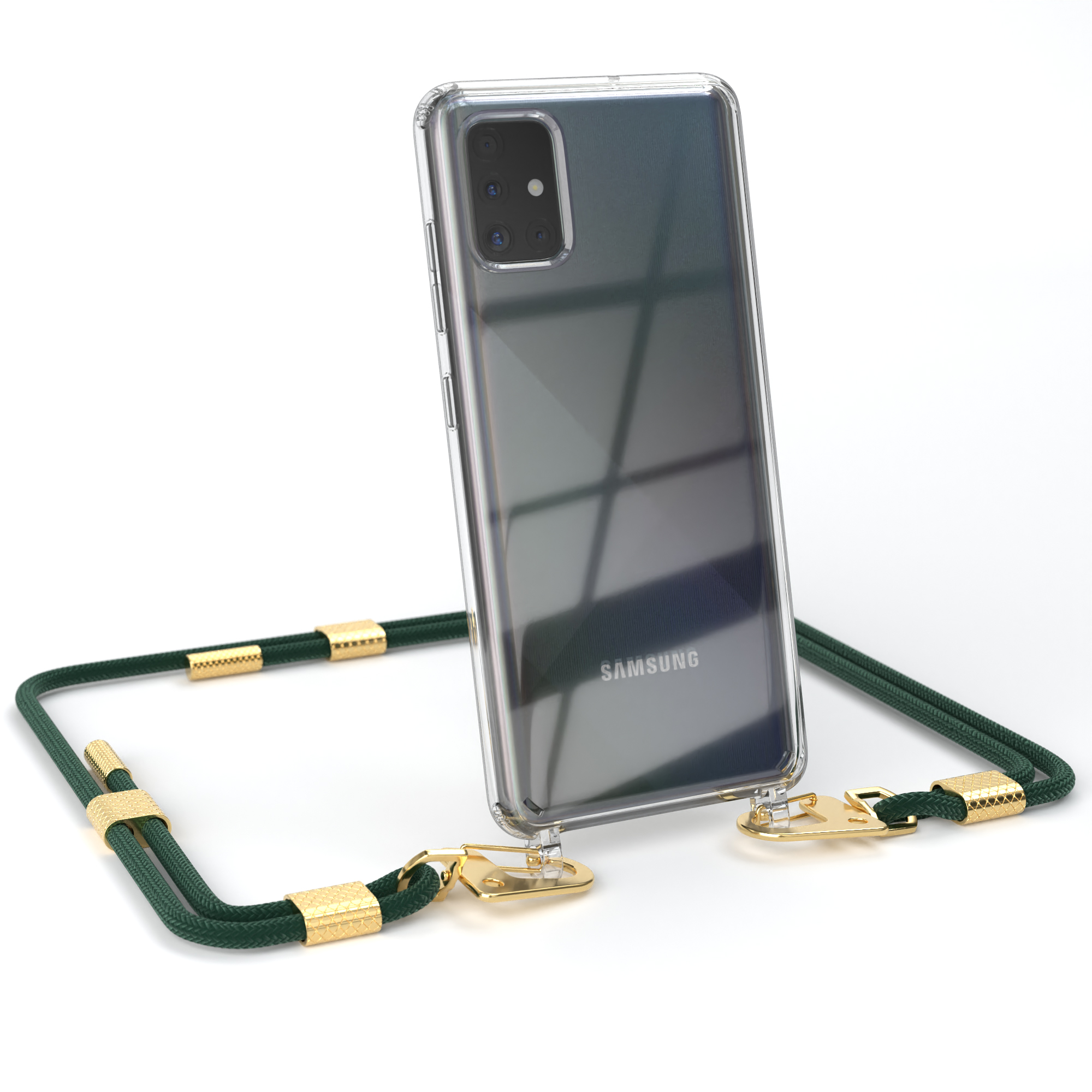 Transparente Handyhülle mit grünem Riemen und goldenen Verschlüssen. Weißer Hintergrund.