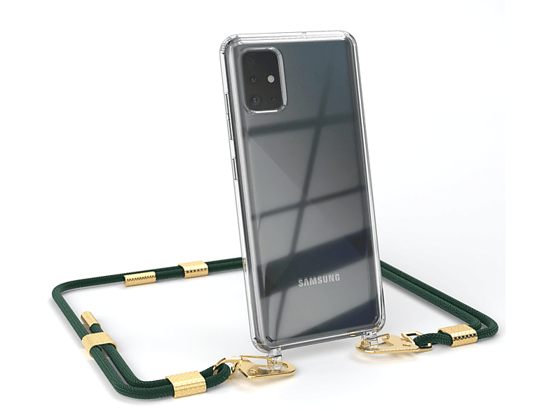 EAZY CASE Transparente Handyhülle mit runder Kordel + Karabiner, Umhängetasche, Samsung, Galaxy A51, Nachtgrün / Gold