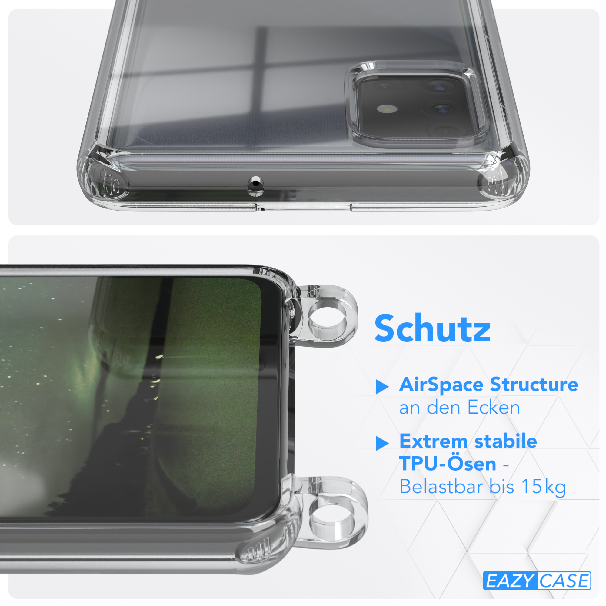Nahaufnahme einer transparenten Handyhülle mit dem Rand des Telefons. Text über den Schutz.