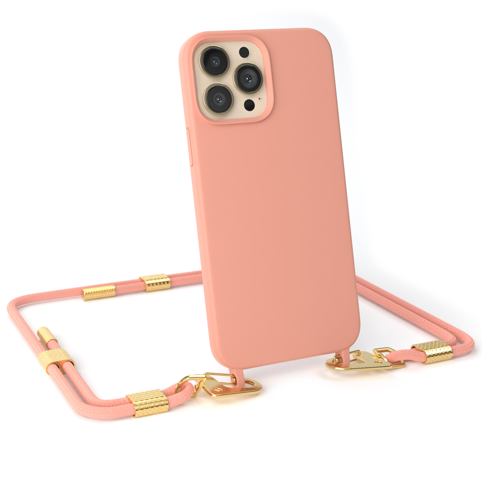 Rosa Handyhülle mit rosa Kordel, und Telefon mit Kameralinsen.