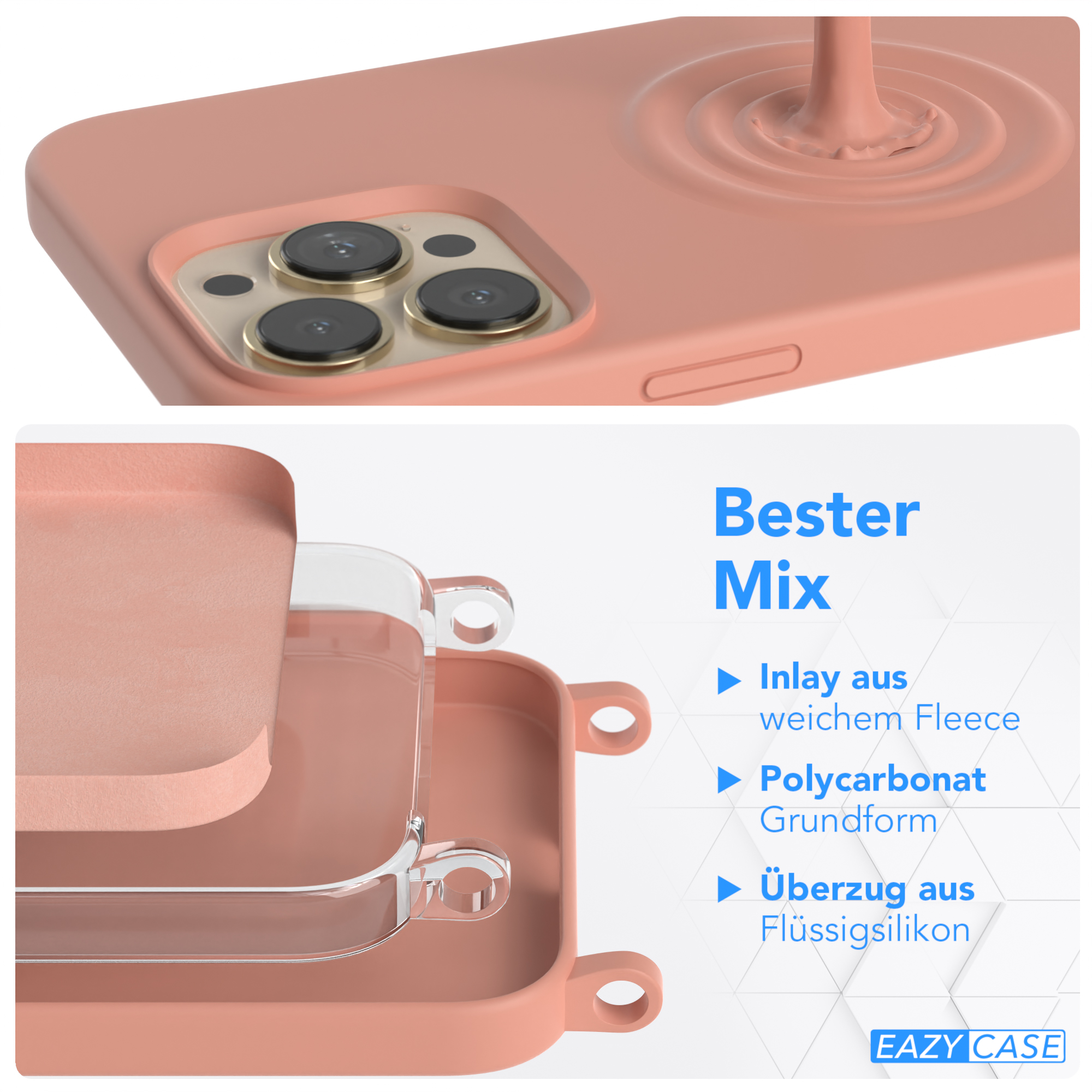 Handyhüllen-Schichten: rosa, klar und rosa Basis, mit einem Telefon und einem kreisförmigen Ladepad.