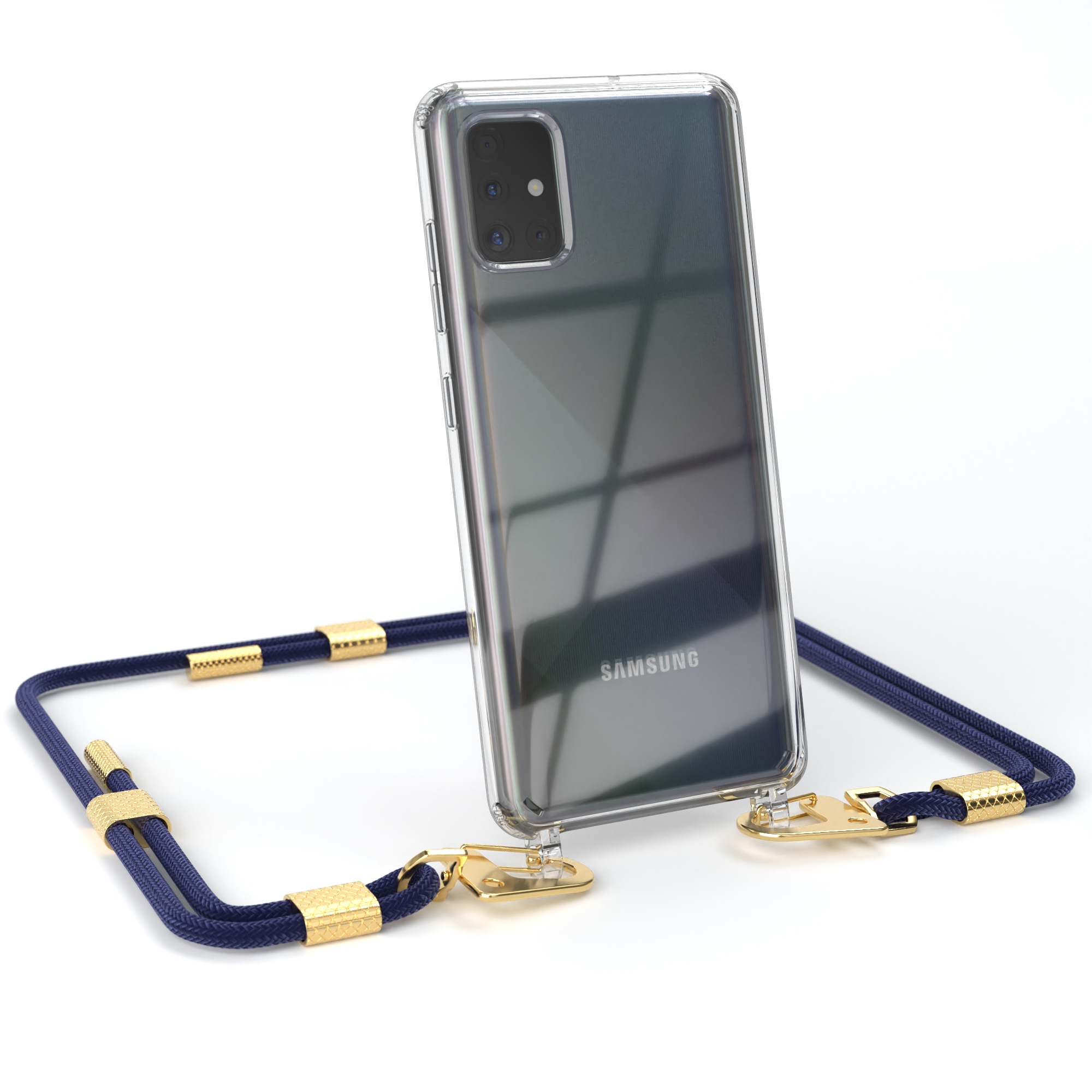 Transparente Handyhülle mit blauem Umhängeband, am Samsung Telefon.