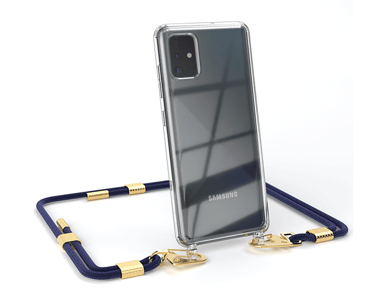 EAZY CASE Transparente Handyhülle mit runder Kordel + Karabiner, Umhängetasche, Samsung, Galaxy A51, Nachtblau / Gold