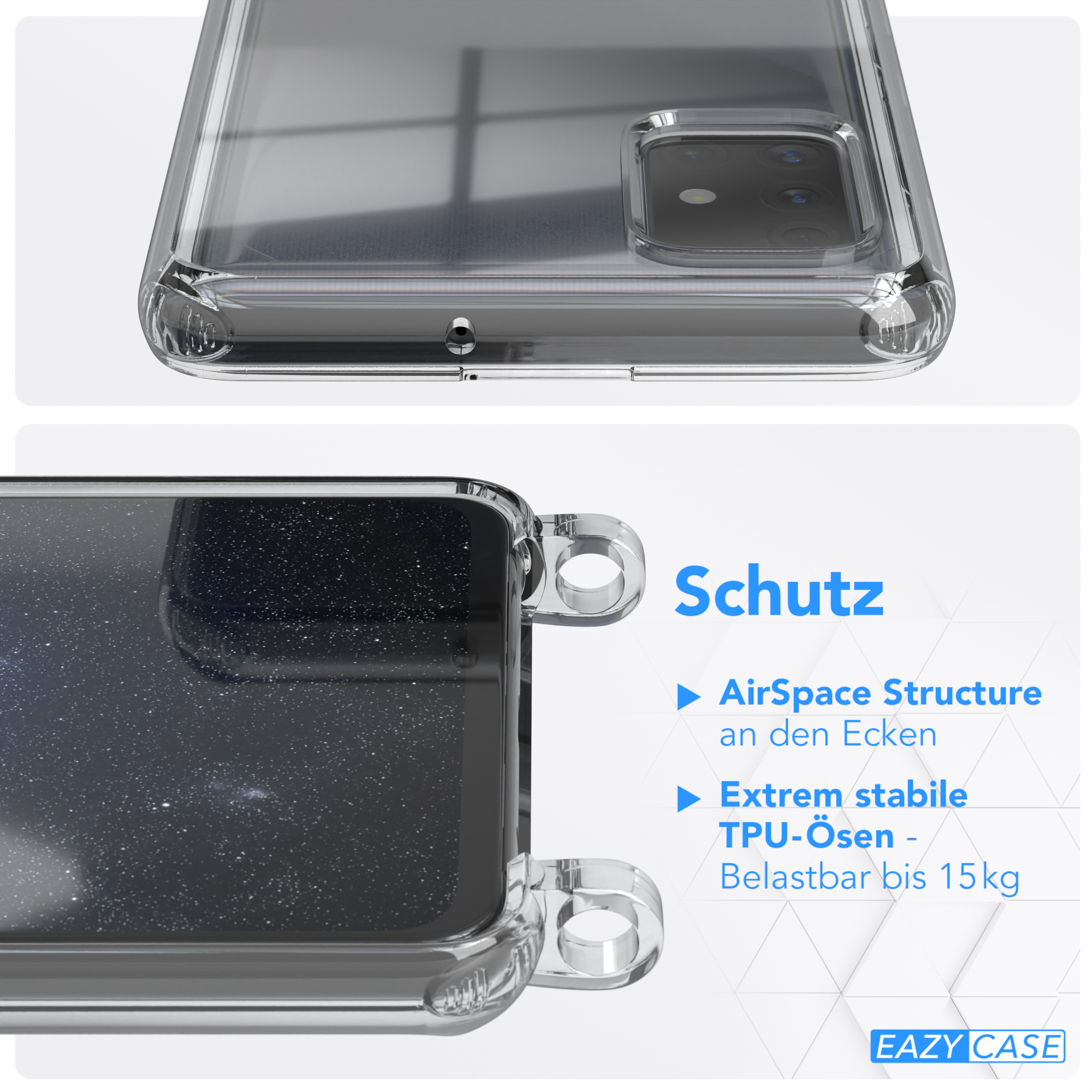 Transparente Handyhülle mit Schutzfunktionen. Zeigt AirSpace-Struktur und TPU-Ösen, bis zu 15 kg.