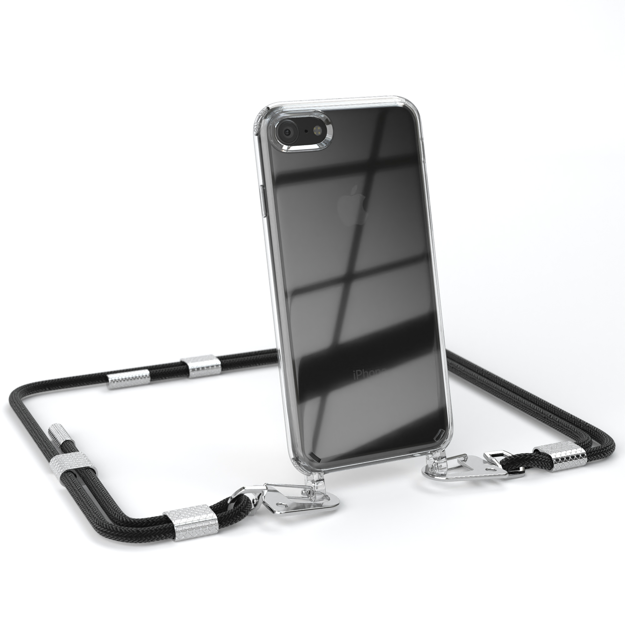 Ein Telefon in einer durchsichtigen Hülle mit einem schwarzen Kabel. Das Kabel hat silberne Hardware.