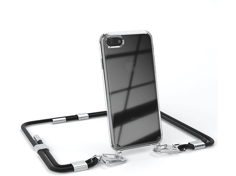 EAZY CASE Transparente Handyhülle mit runder Kordel + Karabiner, Umhängetasche, Apple, iPhone SE 2022 / SE 2020, iPhone 7 / 8, Schwarz / Silber