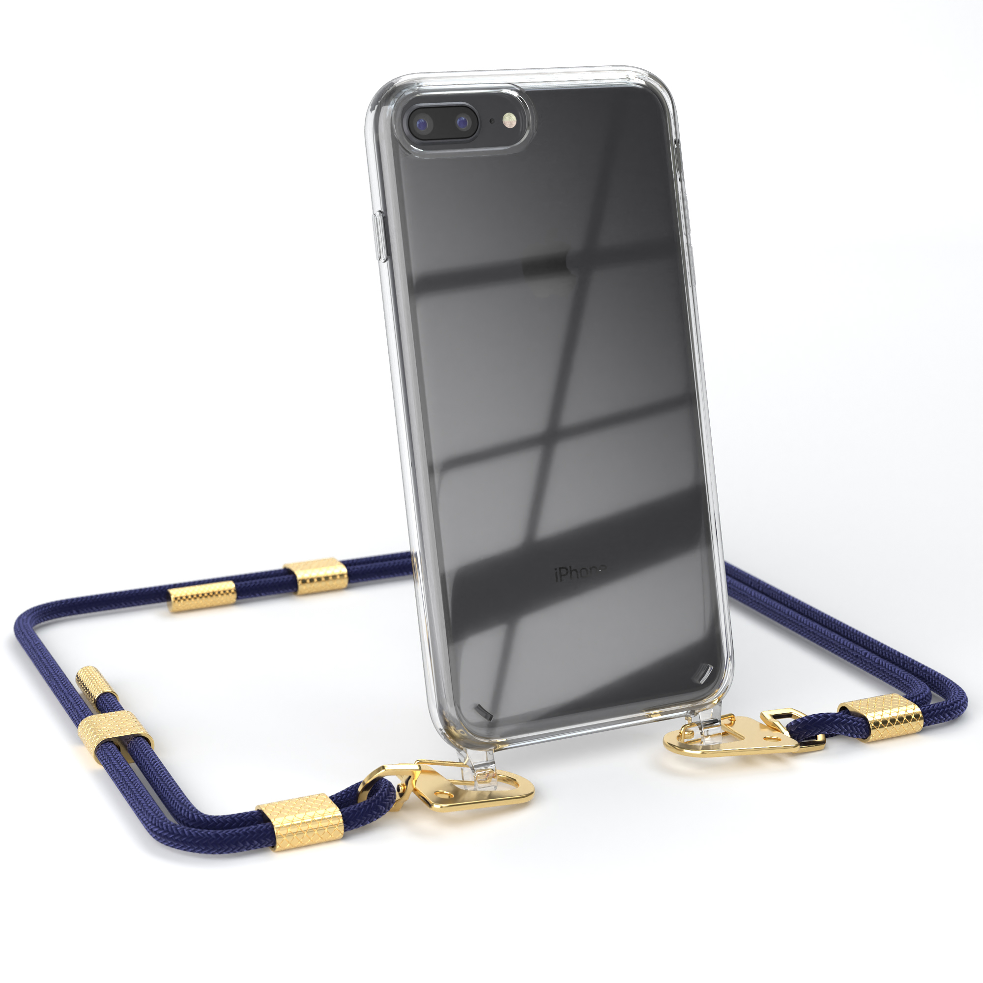 Klar iPhone Hülle mit blauem Lanyard und goldfarbenen Anschlüssen auf weißem Hintergrund.