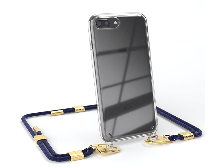EAZY CASE Transparente Handyhülle mit runder Kordel + Karabiner, Umhängetasche, Apple, iPhone 8 Plus / 7 Plus, Nachtblau / Gold