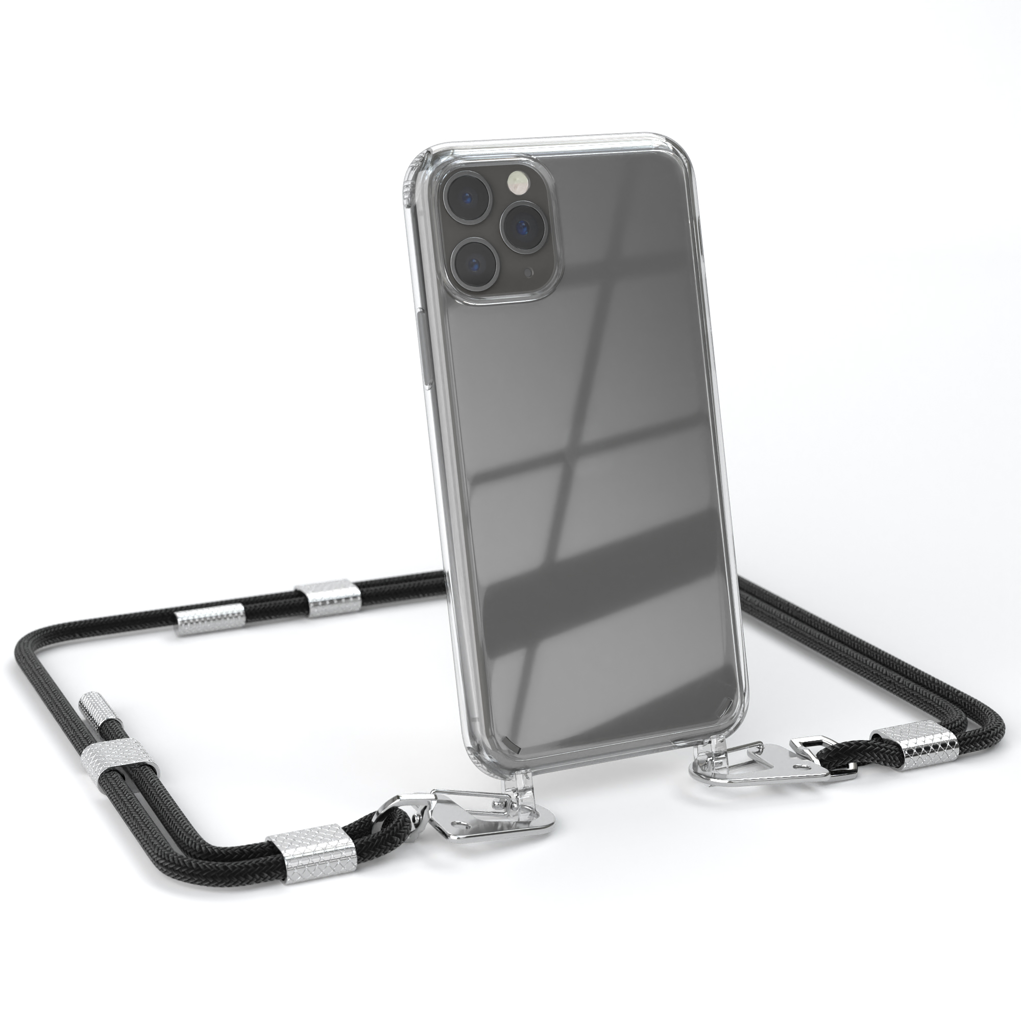 Transparente Handyhülle mit schwarzem Band. Das Telefon ist auf weißem Grund.