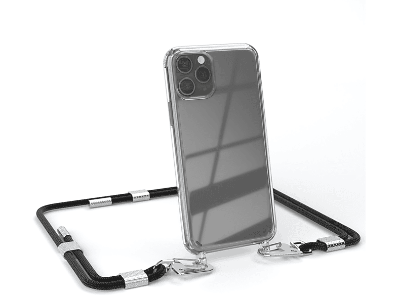 EAZY CASE Transparente Handyhülle mit runder Kordel + Karabiner, Umhängetasche, Apple, iPhone 11 Pro, Schwarz / Silber
