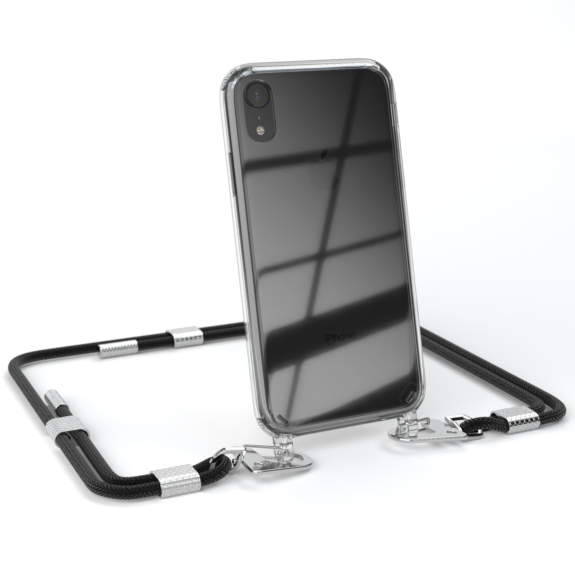 Transparente Handyhülle auf einem schwarzen Telefon mit schwarzem Band.