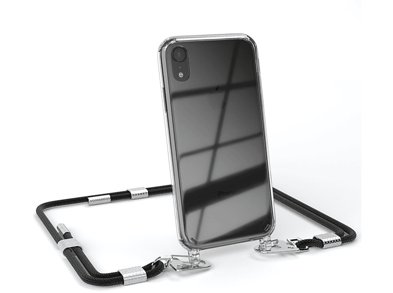 EAZY CASE runder iPhone Kordel Apple, Handyhülle XR, Transparente mit + Umhängetasche, Silber Schwarz / Karabiner