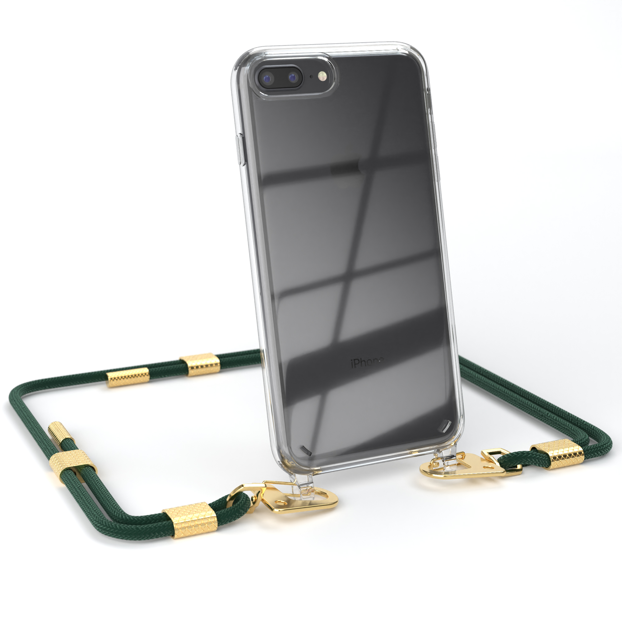 iPhone in klarer Hülle mit grünem Kabel und goldenen Akzenten.