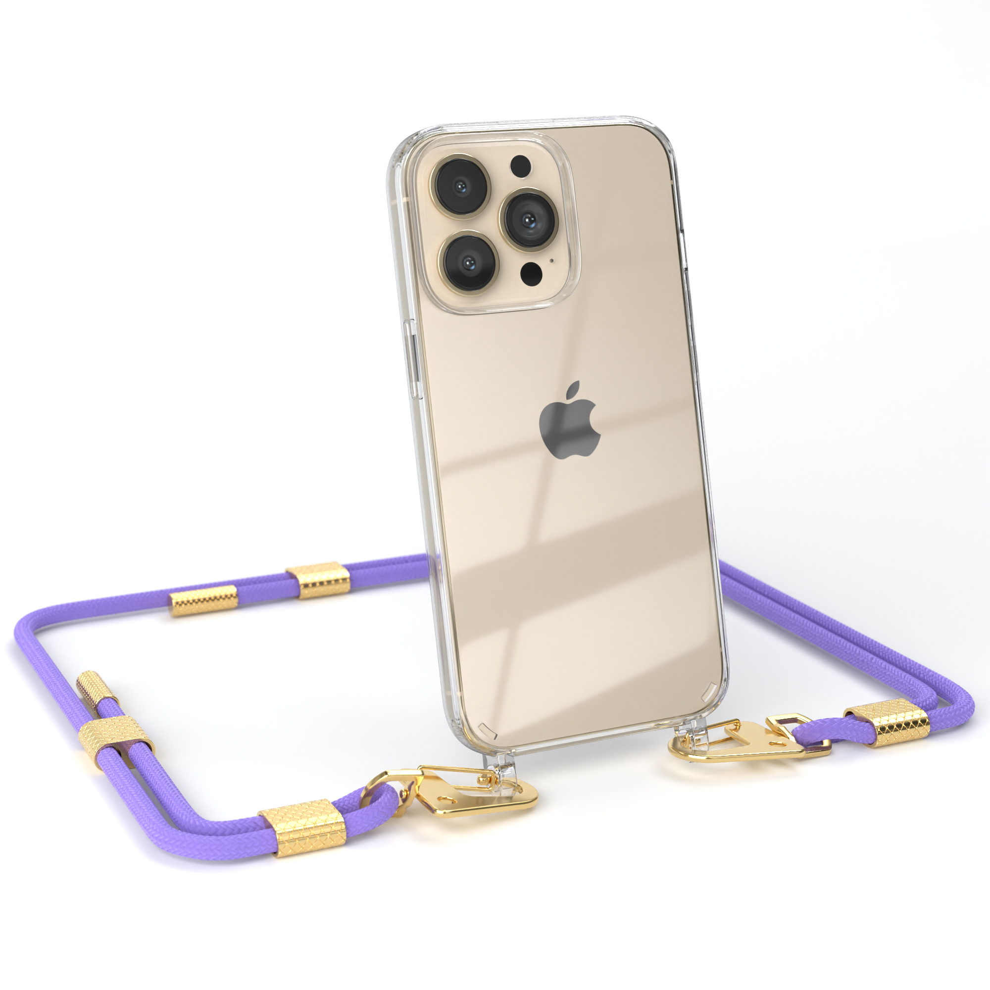 Telefon in transparenter Hülle mit lila Umhängeband und goldener Hardware.