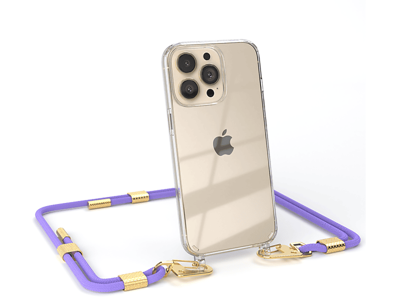 EAZY CASE Transparente Gold Lila Handyhülle + / 13 Karabiner, Kordel iPhone Apple, Flieder Umhängetasche, mit runder Pro