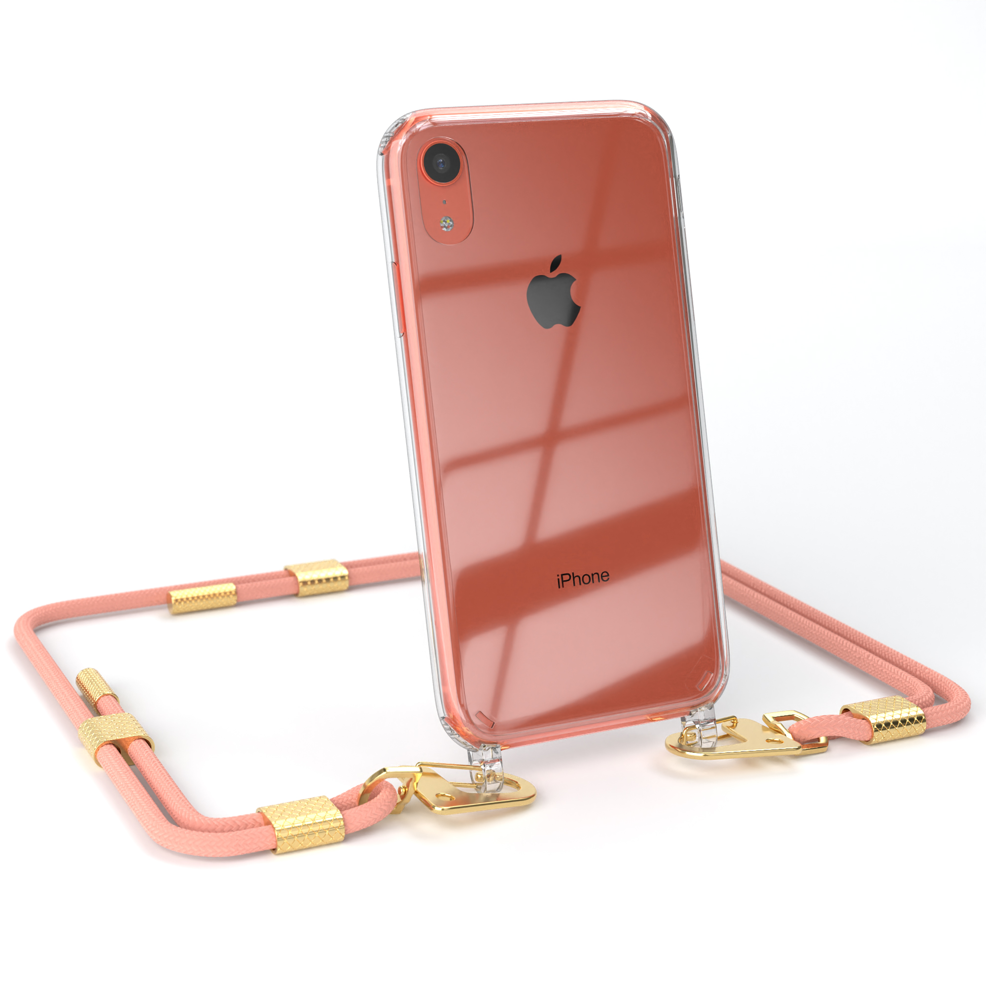 iPhone in klarer Hülle mit pfirsichfarbenem Kabel und goldenen Akzenten.