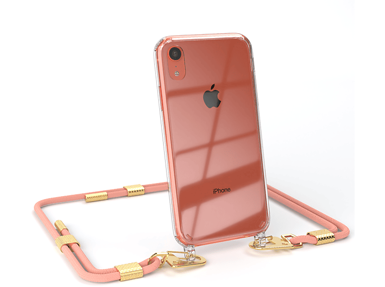 EAZY CASE Transparente Handyhülle mit runder Kordel + Karabiner, Umhängetasche, Apple, iPhone XR, Altrosa / Gold