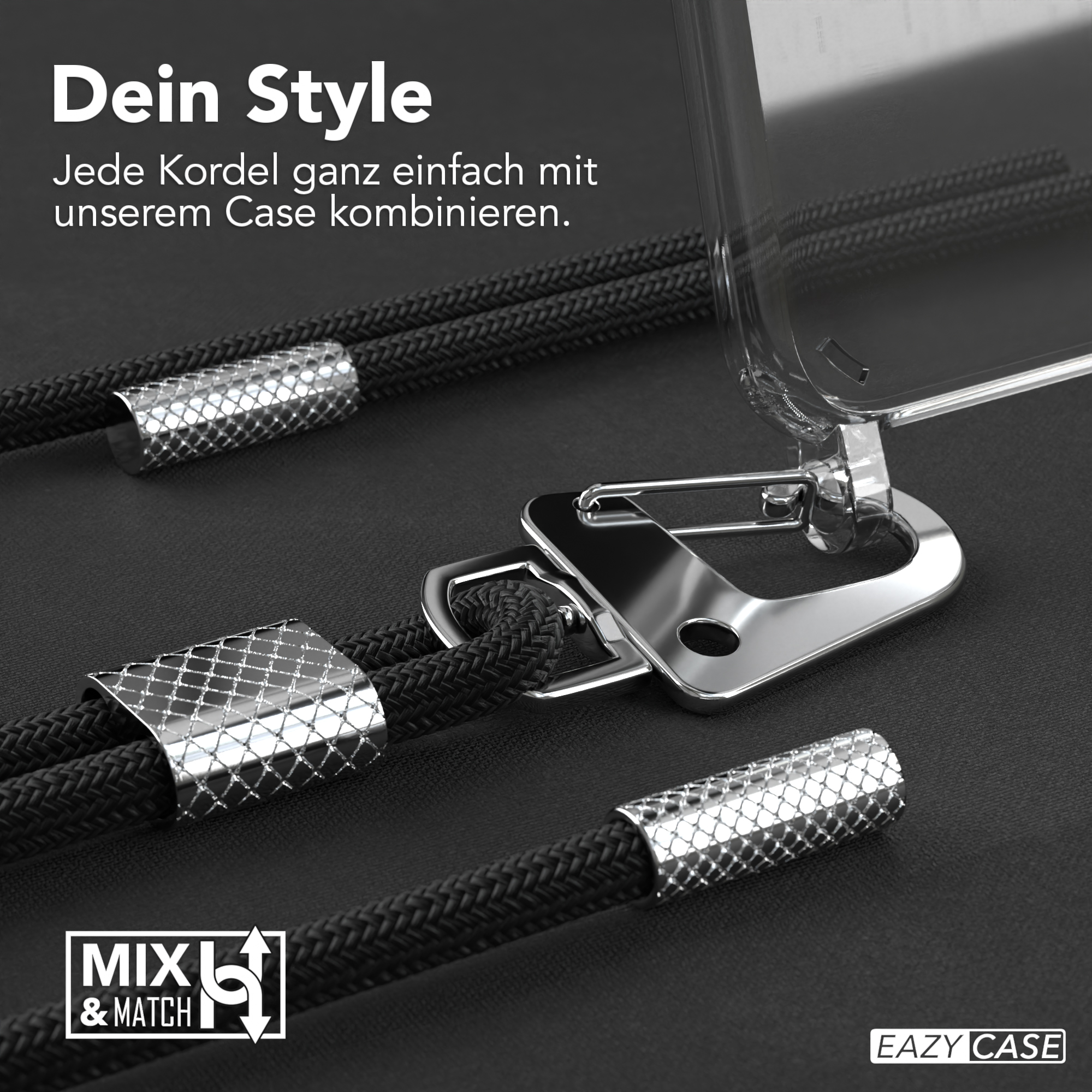Nahaufnahme einer schwarzen Handykordel mit silbernen Metallakzenten und einer transparenten Handyhülle.